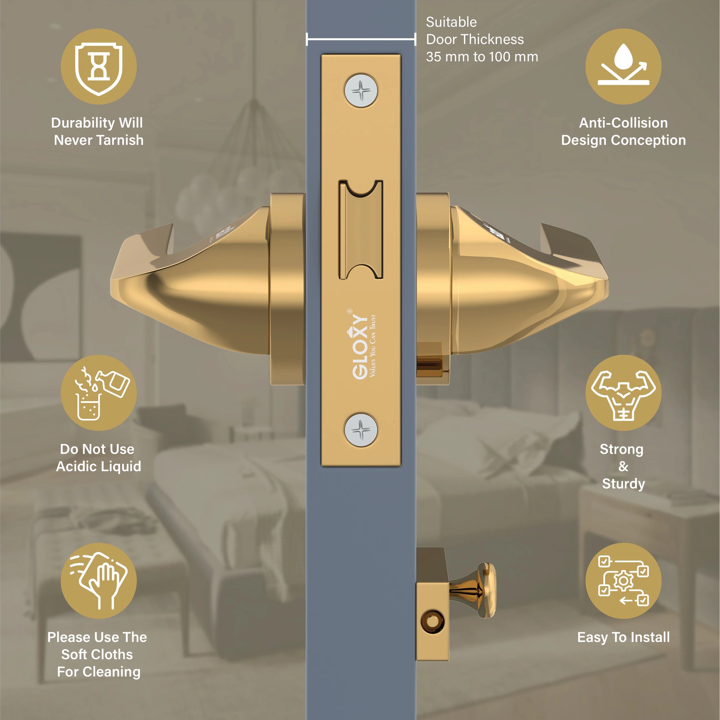 Gloxy Garnik Series Gold Finish Mortise Bathroom Door Latch Lock With Handle