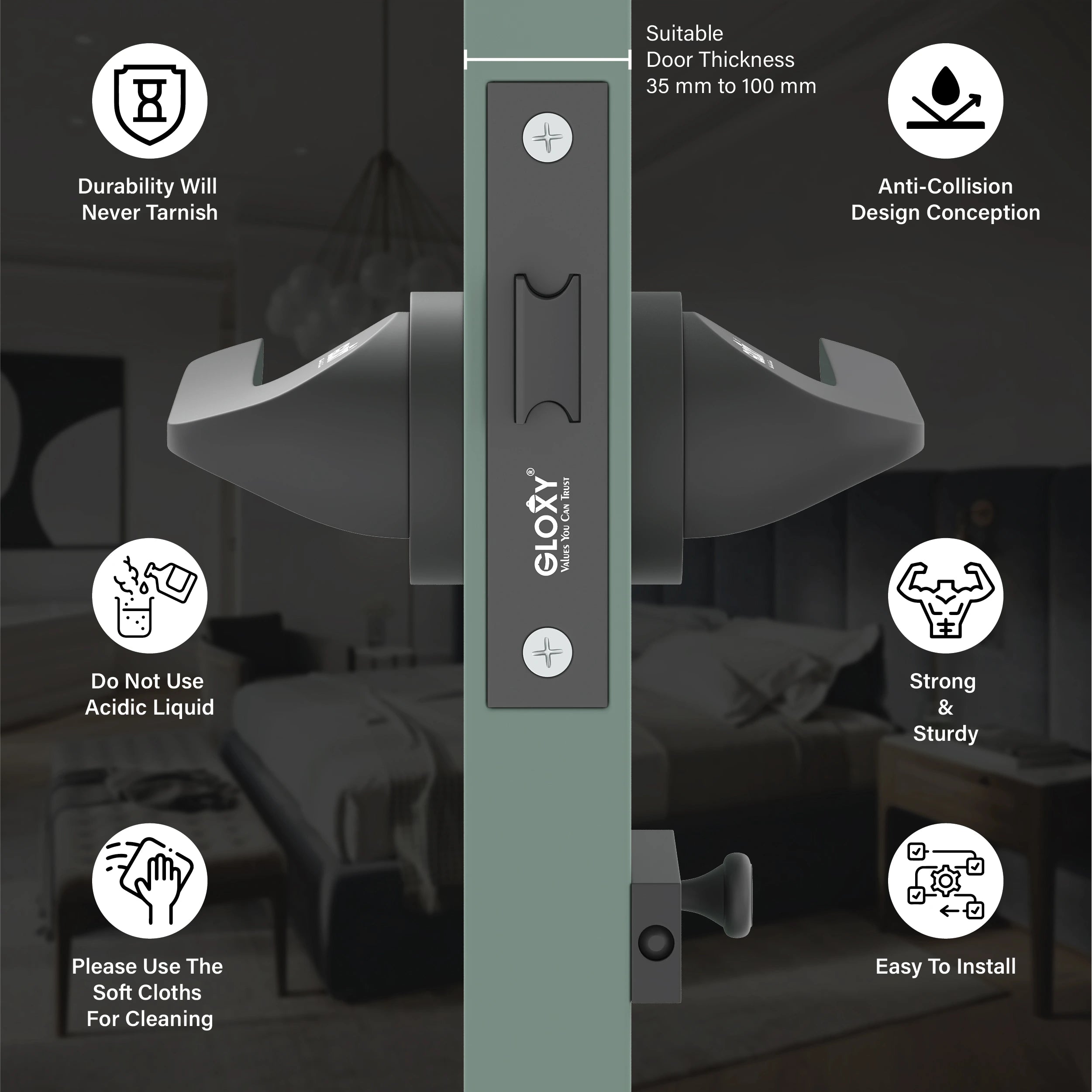 Gloxy Garnik Series Black Finish Mortise Bathroom Door Latch Lock With Handle