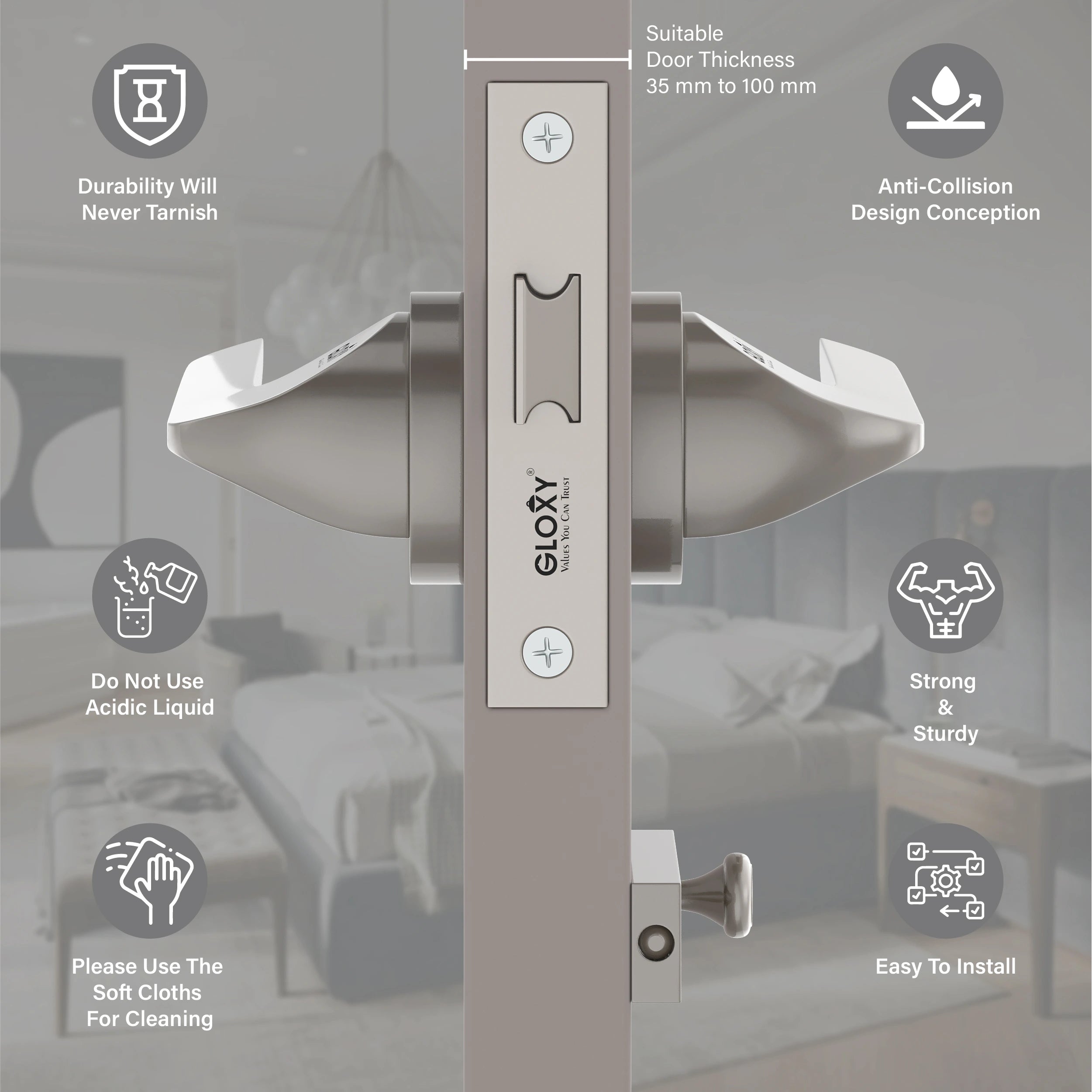 GLOXY Brass Door Lock for Balcony Store Room Door Lock, Mortise Keyless Handle Set with Brass Baby Latch for Home,Office,Hotel | Satin & Black Finish (2 Years Warranty, Pack of 1)
