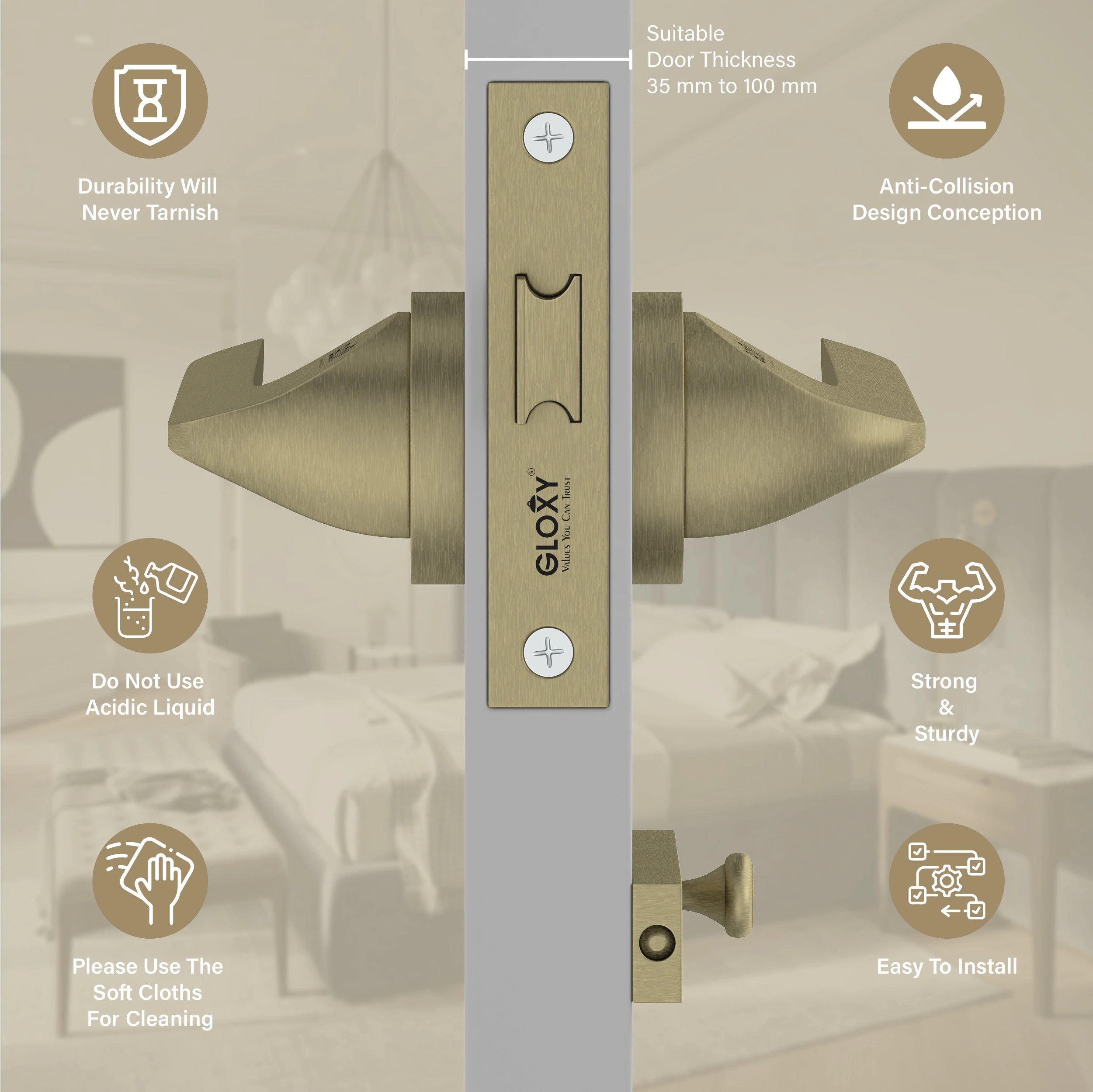 GLOXY Brass Door Lock for Balcony Store Room Door Lock, Mortise Keyless Handle Set with Brass Baby Latch for Home,Office,Hotel | Antique Finish (2 Years Warranty, Pack of 1)