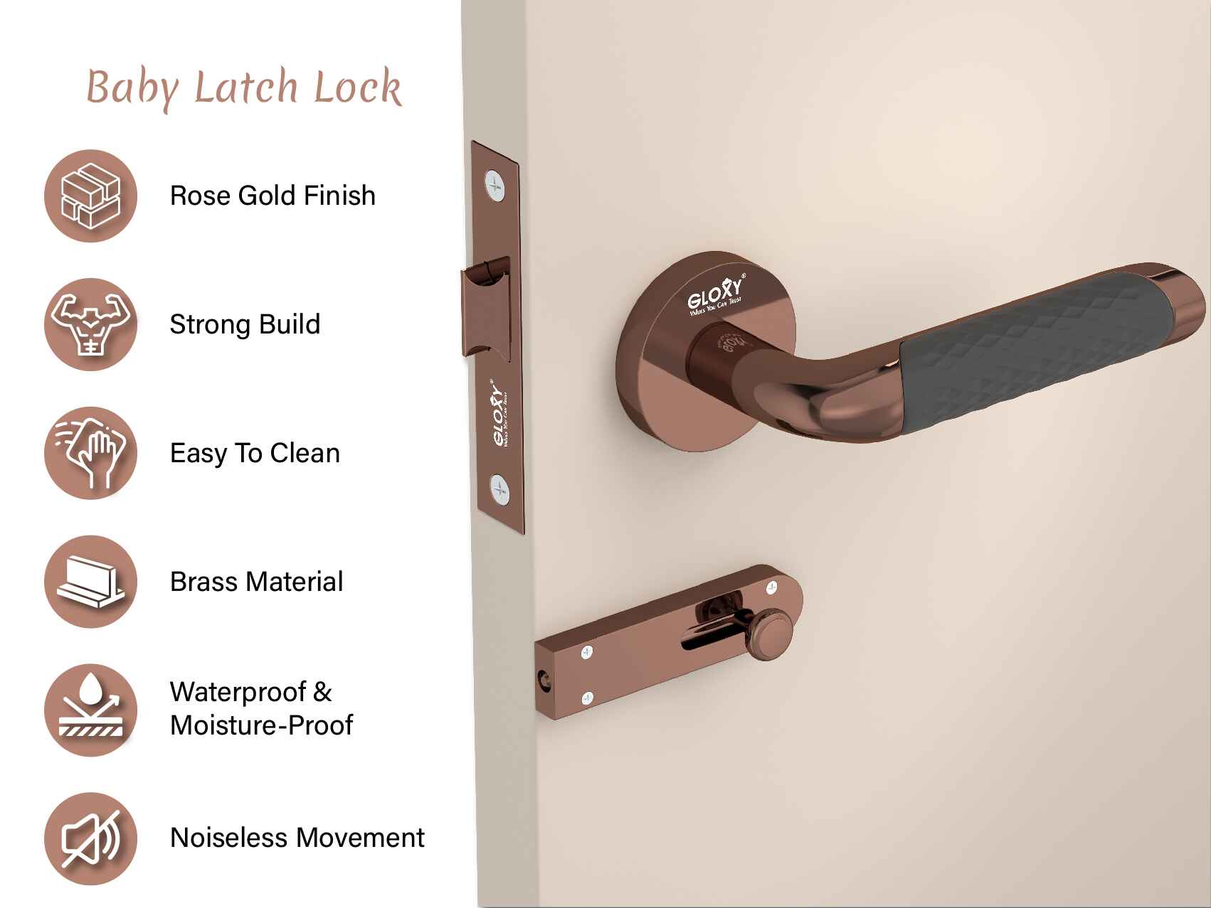 GLOXY Brass Door Lock for Balcony Store Room Door Lock, Mortise Keyless Handle Set with Brass Baby Latch for Home,Office,Hotel |Rose Gold & Black Finish (2 Years Warranty, Pack of 1)