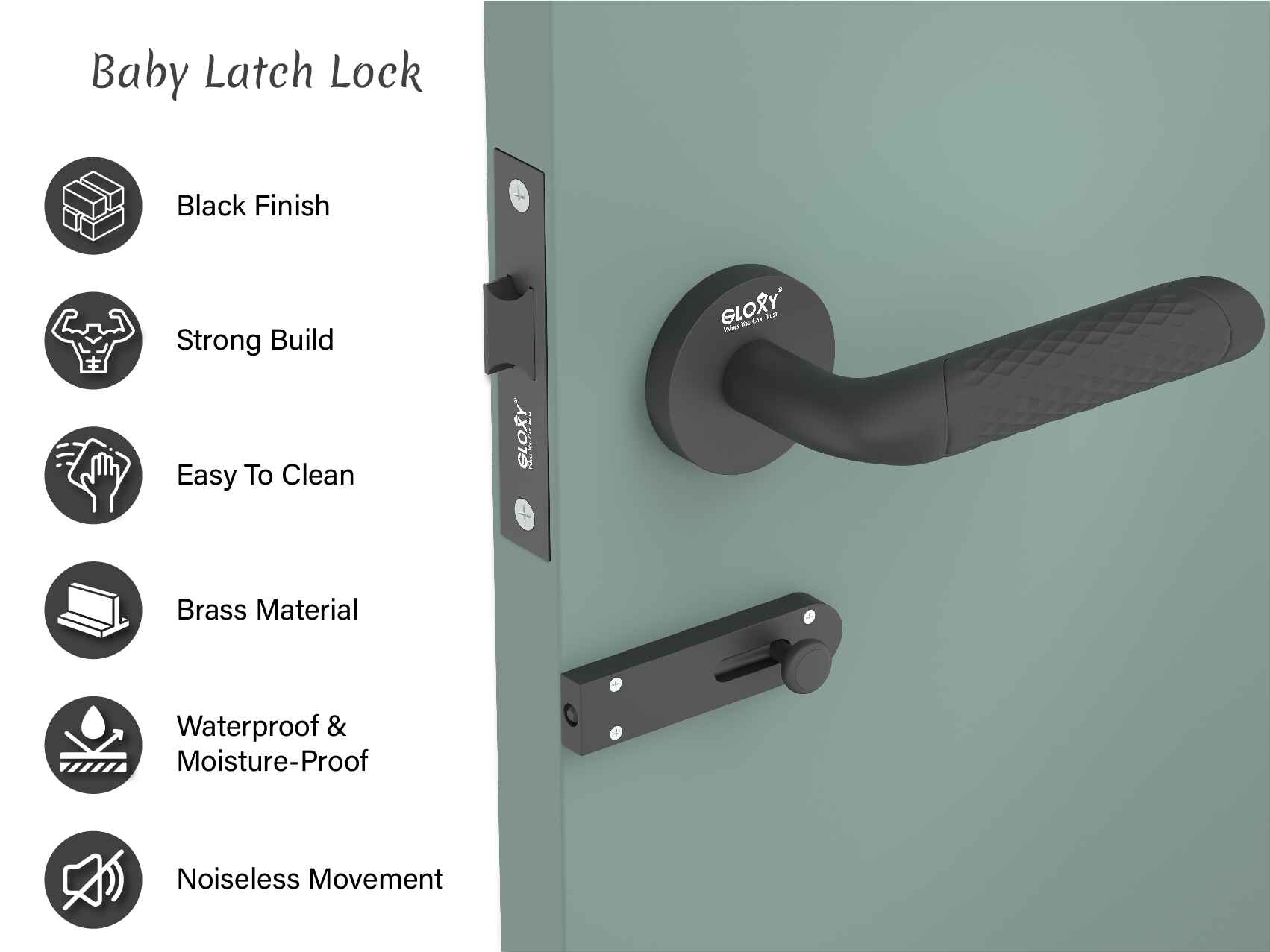 GLOXY Brass Door Lock for Balcony Store Room Door Lock, Mortise Keyless Handle Set with Brass Baby Latch for Home,Office,Hotel | Black Finish (2 Years Warranty, Pack of 1)