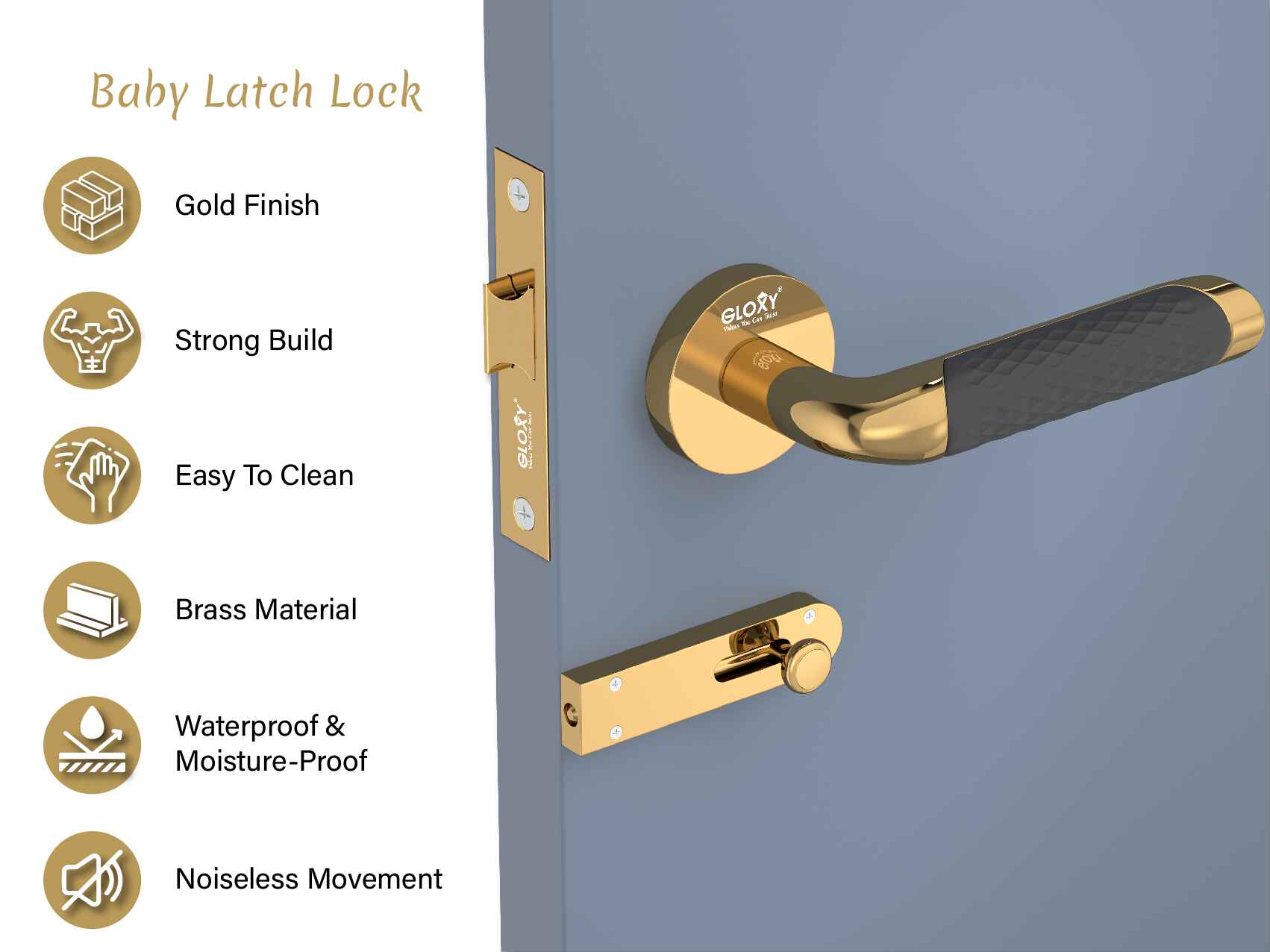 GLOXY Brass Door Lock for Balcony Store Room Door Lock, Mortise Keyless Handle Set with Brass Baby Latch for Home,Office,Hotel | Rose Gold & Black Finish (2 Years Warranty, Pack of 1)