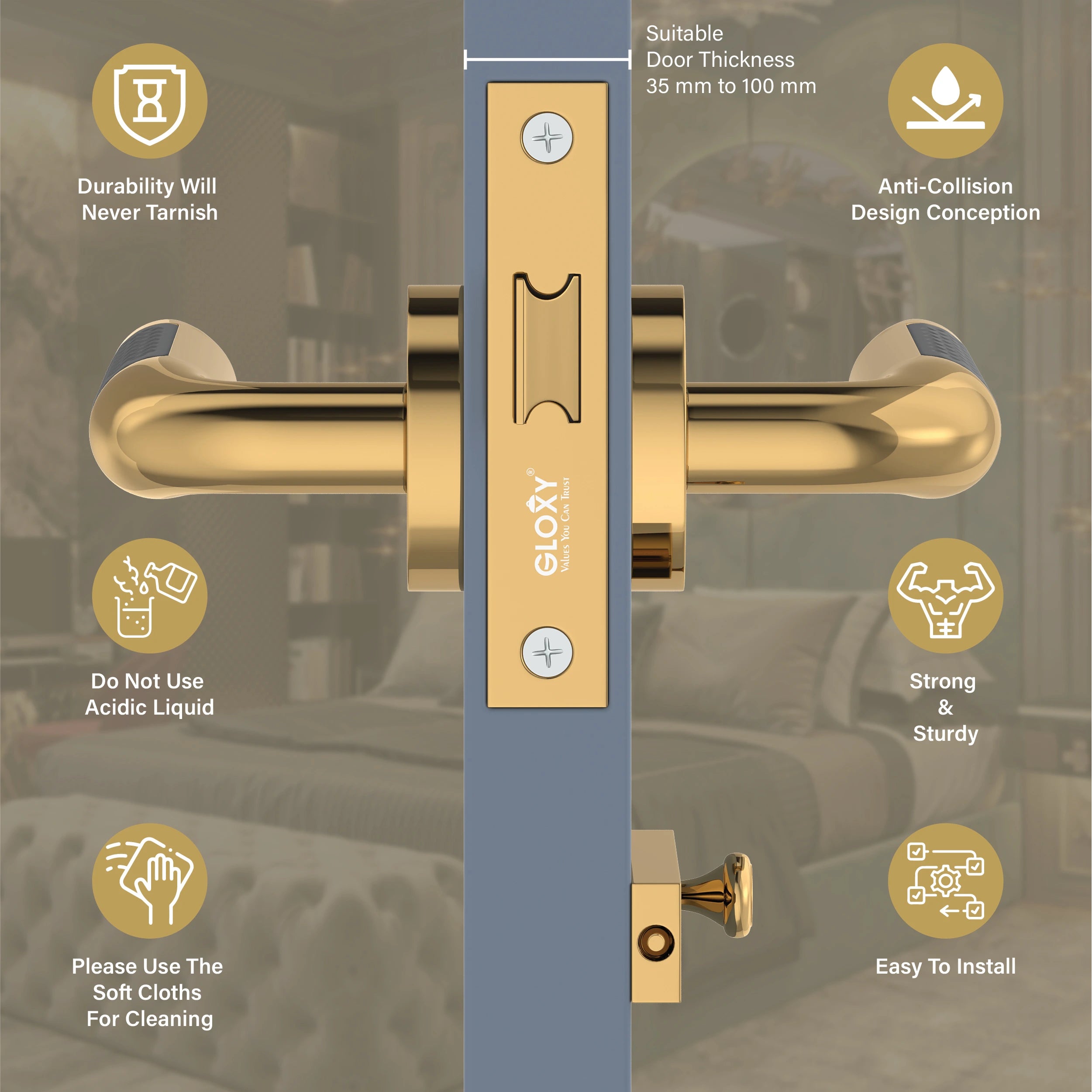 Gloxy Velto Series Gold Finish Mortise Bathroom Door Latch Lock With Handle