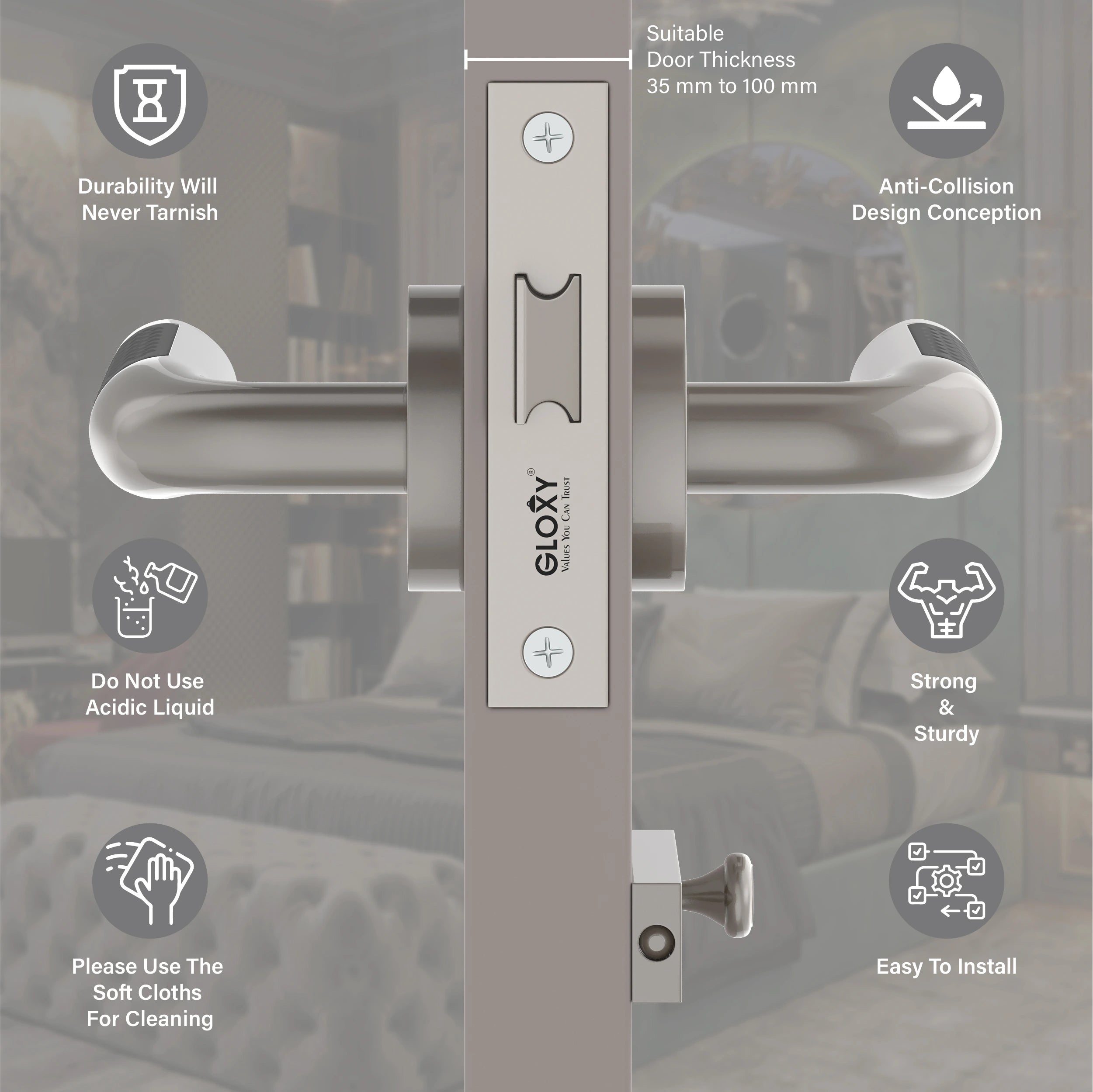 Gloxy Velto Series Satin Chrome Finish Mortise Bathroom Door Latch Lock With Handle