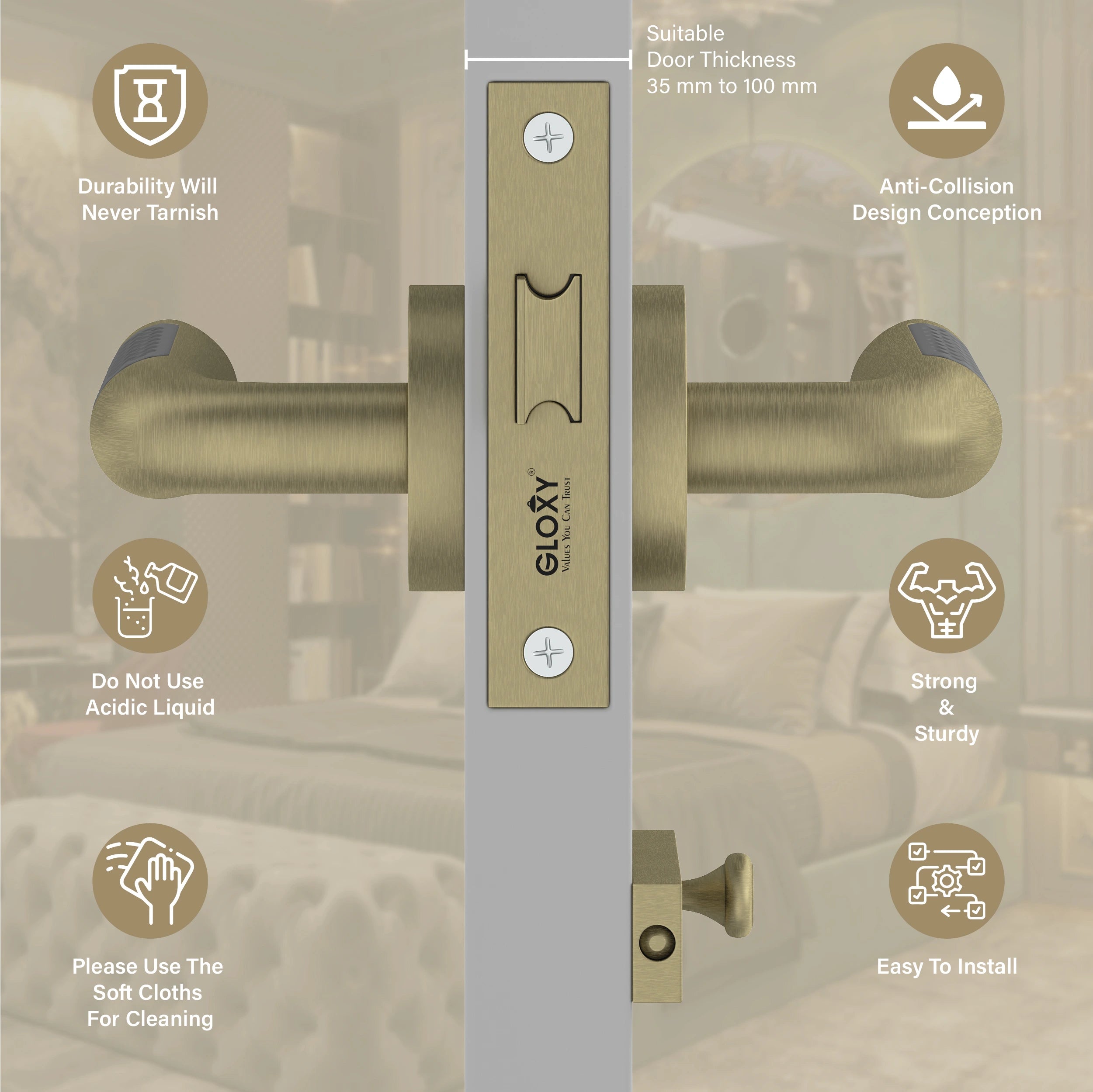 Gloxy Velto Series Antique Finish Mortise Bathroom Door Latch Lock With Handle