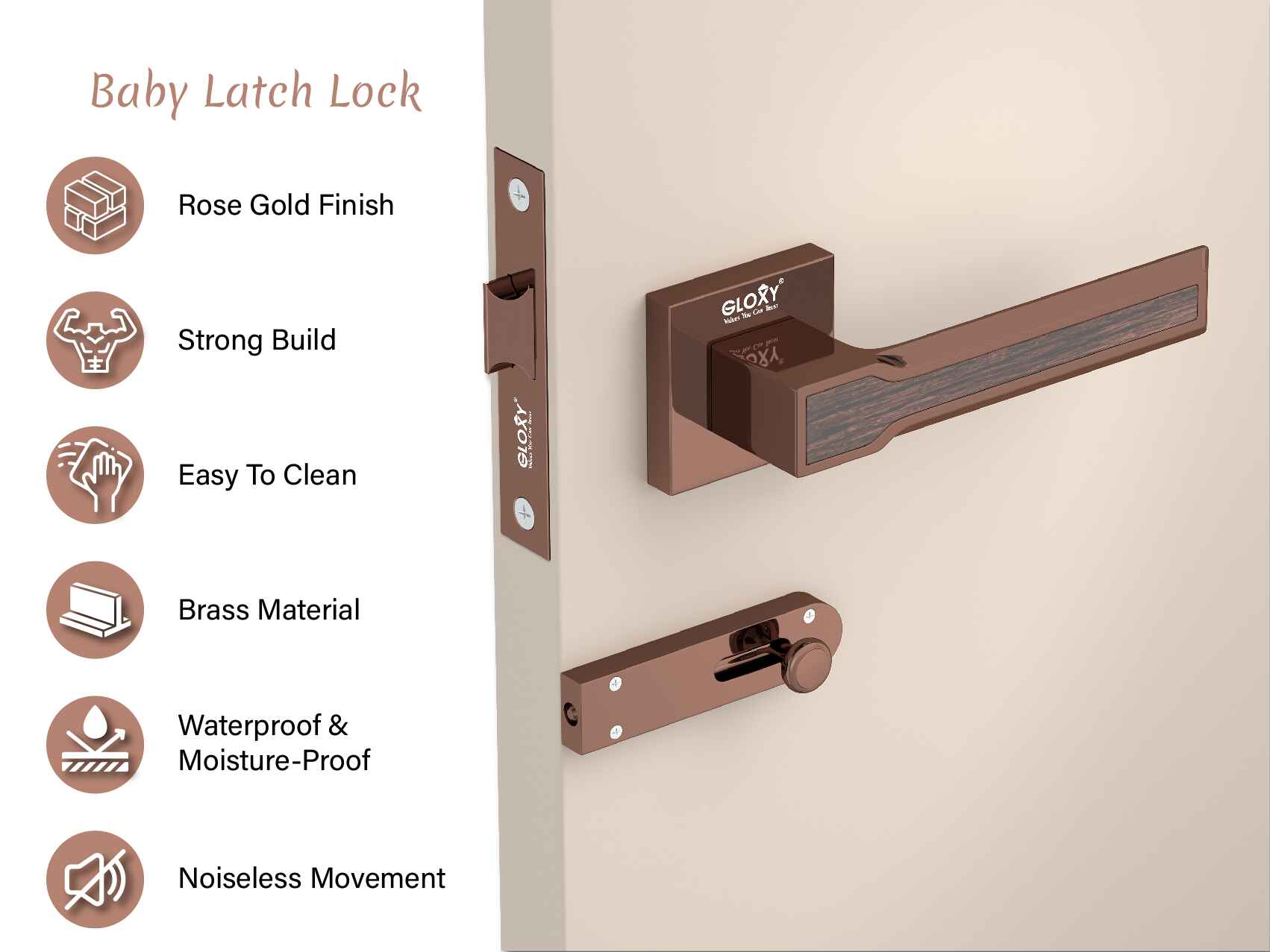 GLOXY Brass Door Lock for Balcony Store Room Door Lock, Mortise Keyless Handle Set with Brass Baby Latch for Home,Office,Hotel | Rose Gold & Black Finish (2 Years Warranty, Pack of 1)