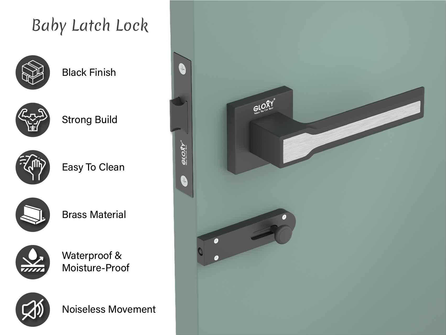 GLOXY Brass Door Lock for Balcony Store Room Door Lock, Mortise Keyless Handle Set with Brass Baby Latch for Home,Office,Hotel | Black & White Finish (2 Years Warranty, Pack of 1)