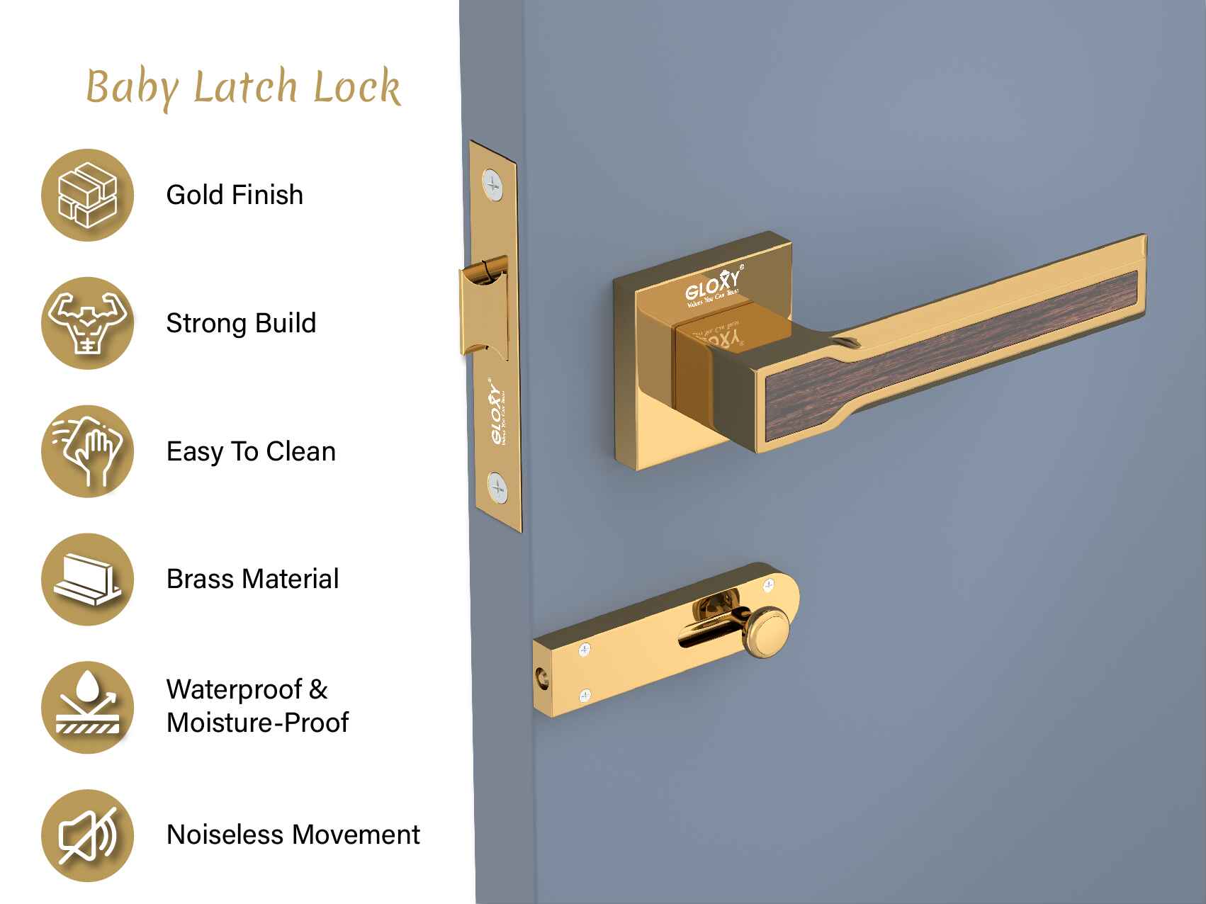 GLOXY Brass Door Lock for Balcony Store Room Door Lock, Mortise Keyless Handle Set with Brass Baby Latch for Home,Office,Hotel | Gold Finish (2 Years Warranty, Pack of 1)