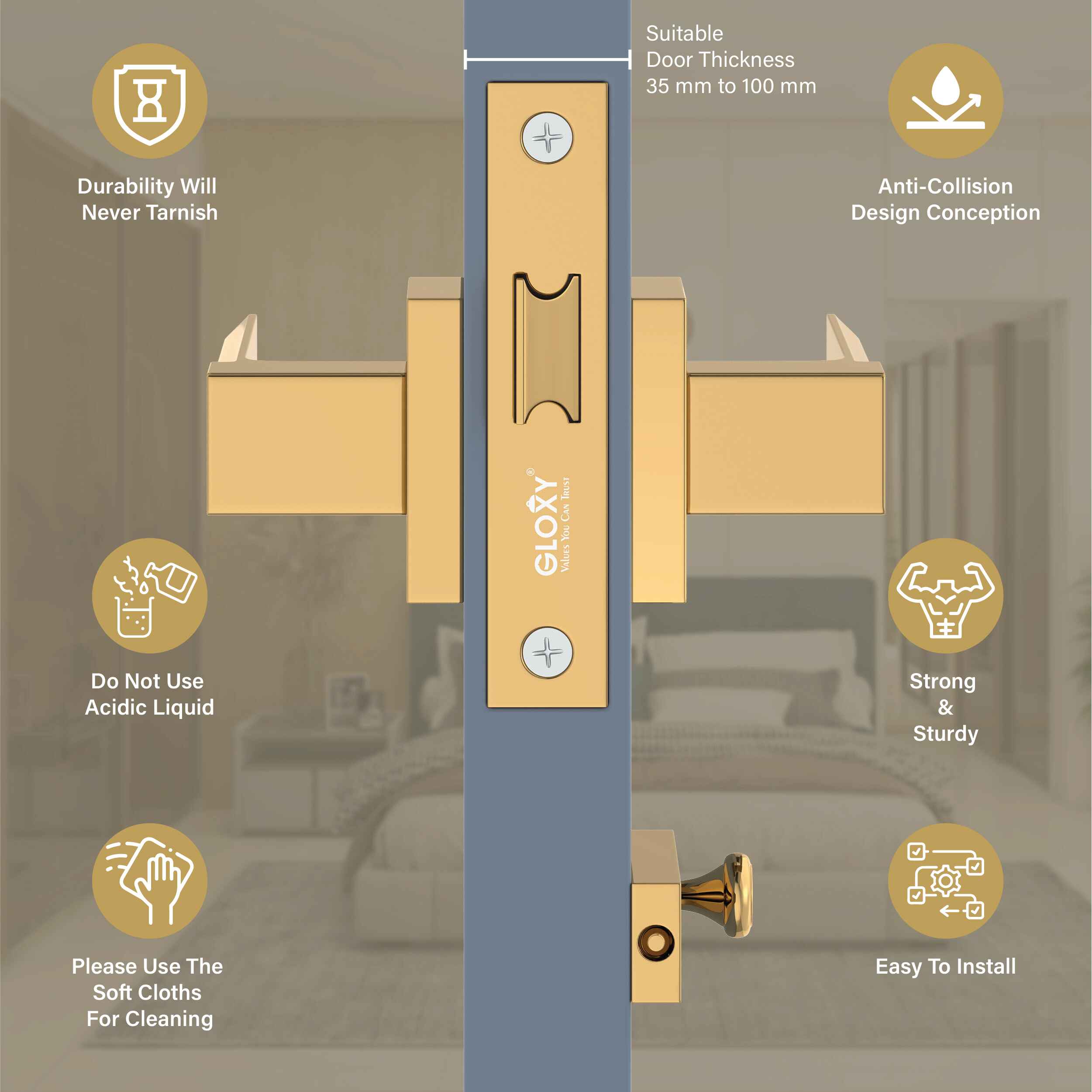 GLOXY Brass Door Lock for Balcony Store Room Door Lock, Mortise Keyless Handle Set with Brass Baby Latch for Home,Office,Hotel | Gold Finish (2 Years Warranty, Pack of 1)