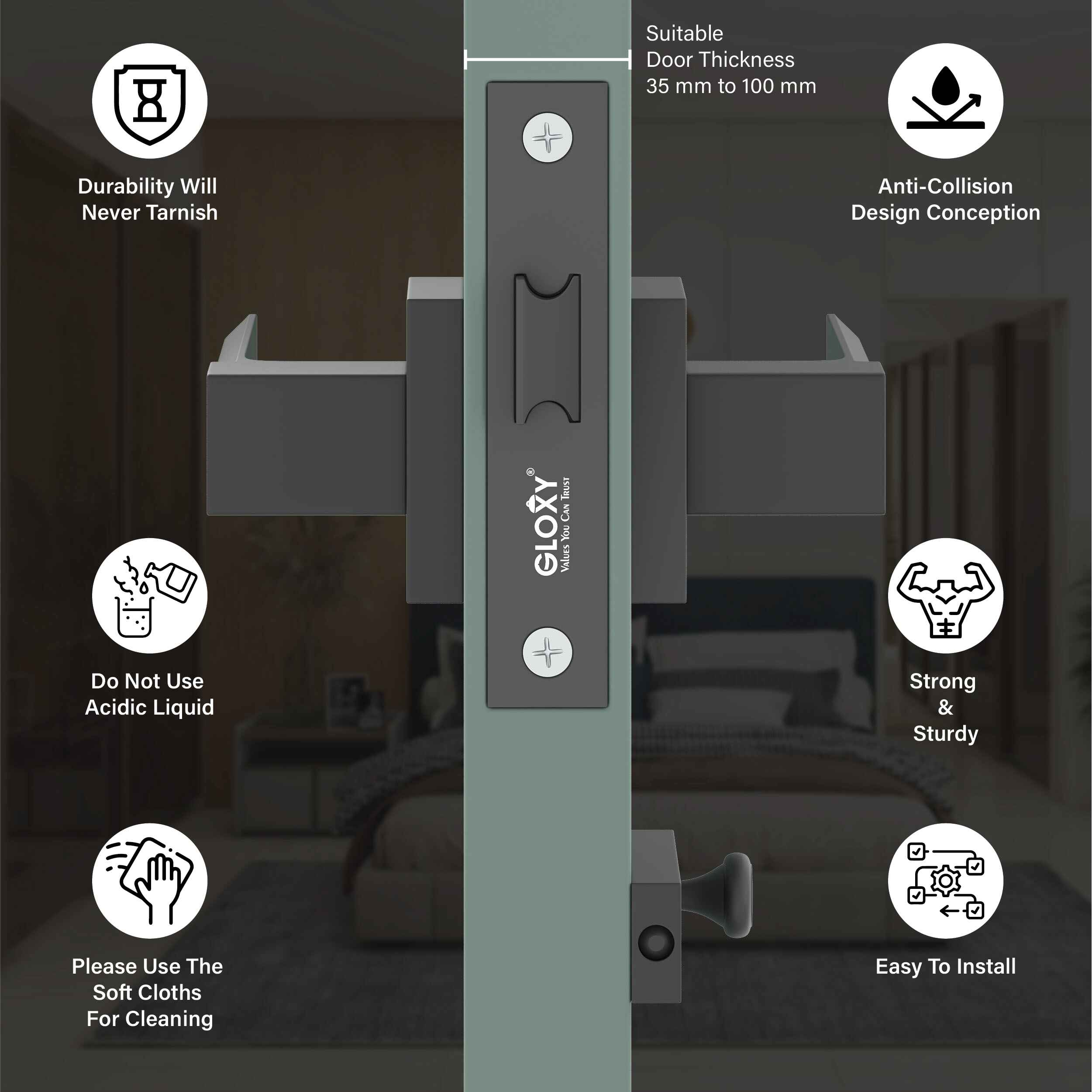 GLOXY Brass Door Lock for Balcony Store Room Door Lock, Mortise Keyless Handle Set with Brass Baby Latch for Home,Office,Hotel | Black & White Finish (2 Years Warranty, Pack of 1)