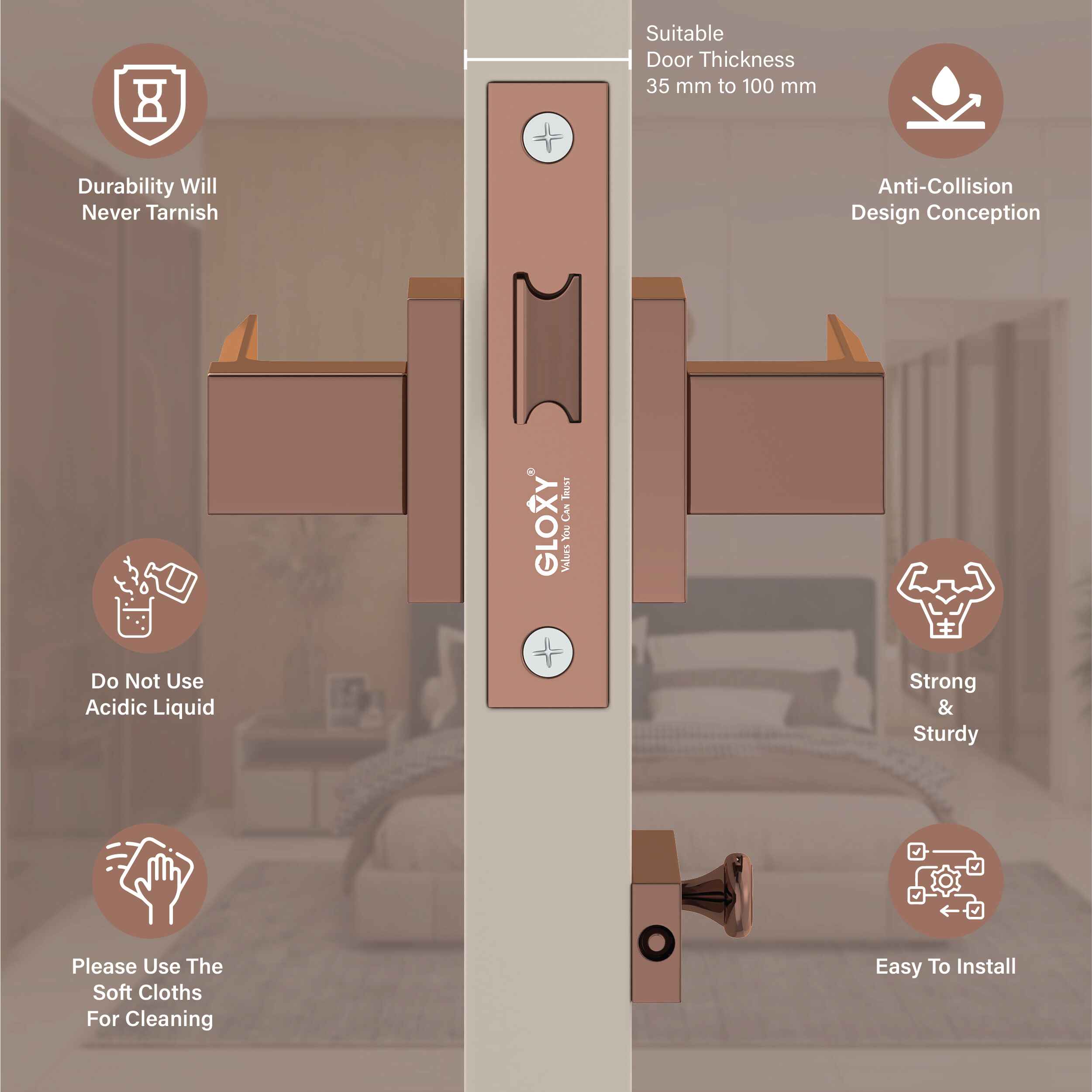 GLOXY Brass Door Lock for Balcony Store Room Door Lock, Mortise Keyless Handle Set with Brass Baby Latch for Home,Office,Hotel | Rose Gold & Black Finish (2 Years Warranty, Pack of 1)