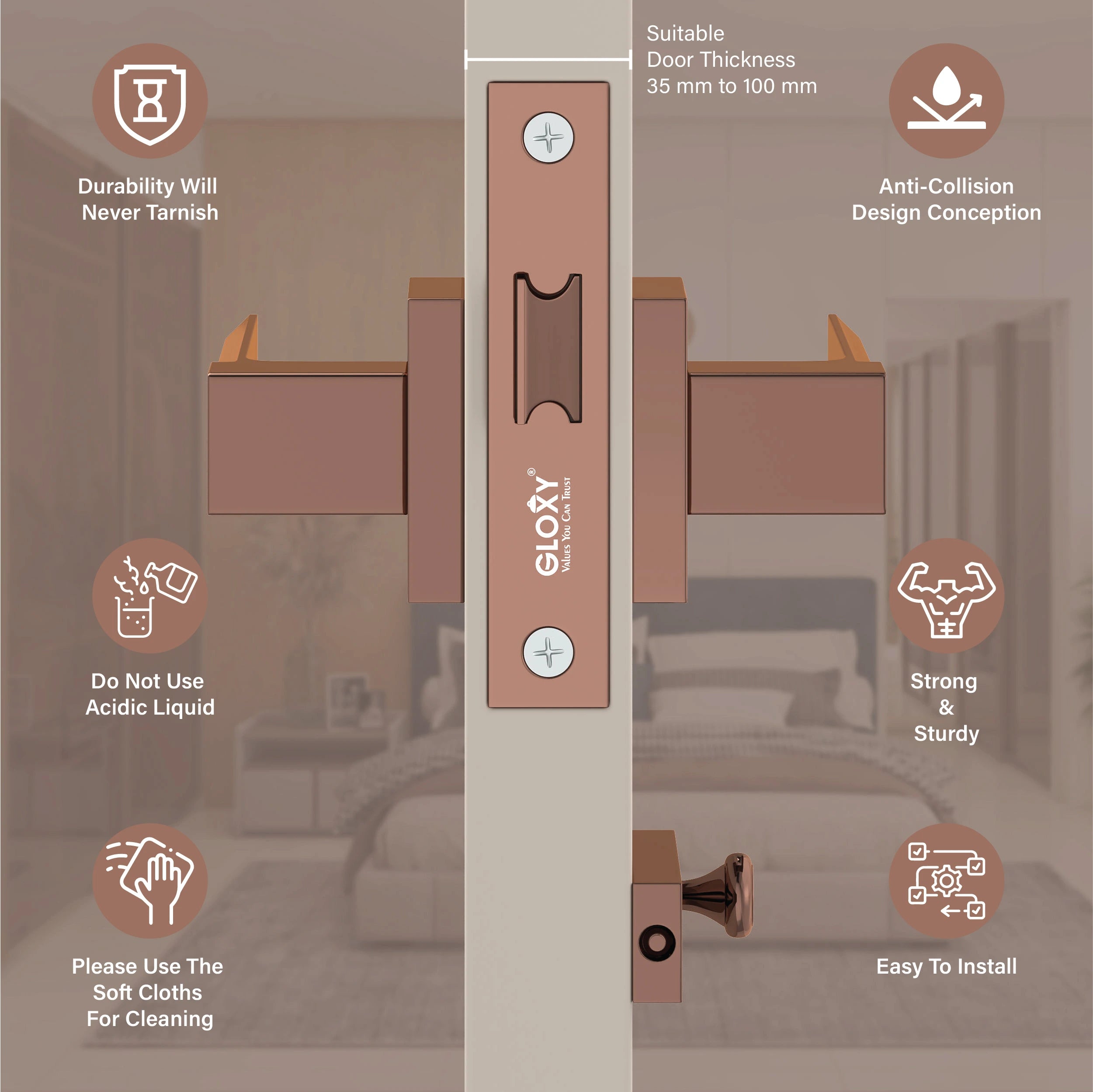GLOXY Brass Door Lock for Balcony Store Room Door Lock, Mortise Keyless Handle Set with Brass Baby Latch for Home,Office,Hotel | Rose Gold & Black Finish (2 Years Warranty, Pack of 1)