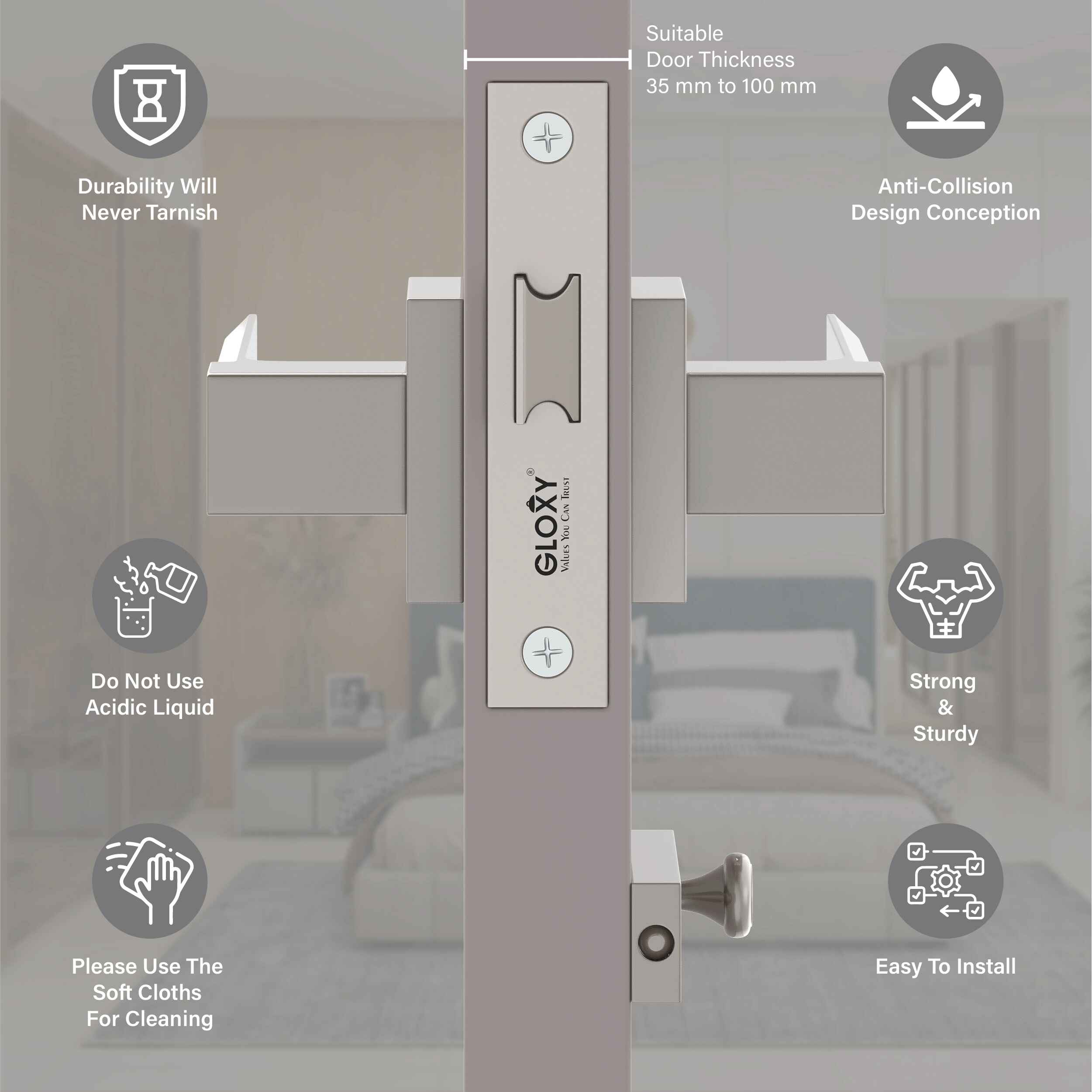 GLOXY Brass Door Lock for Balcony Store Room Door Lock, Mortise Keyless Handle Set with Brass Baby Latch for Home,Office,Hotel | Satin Finish (2 Years Warranty, Pack of 1)