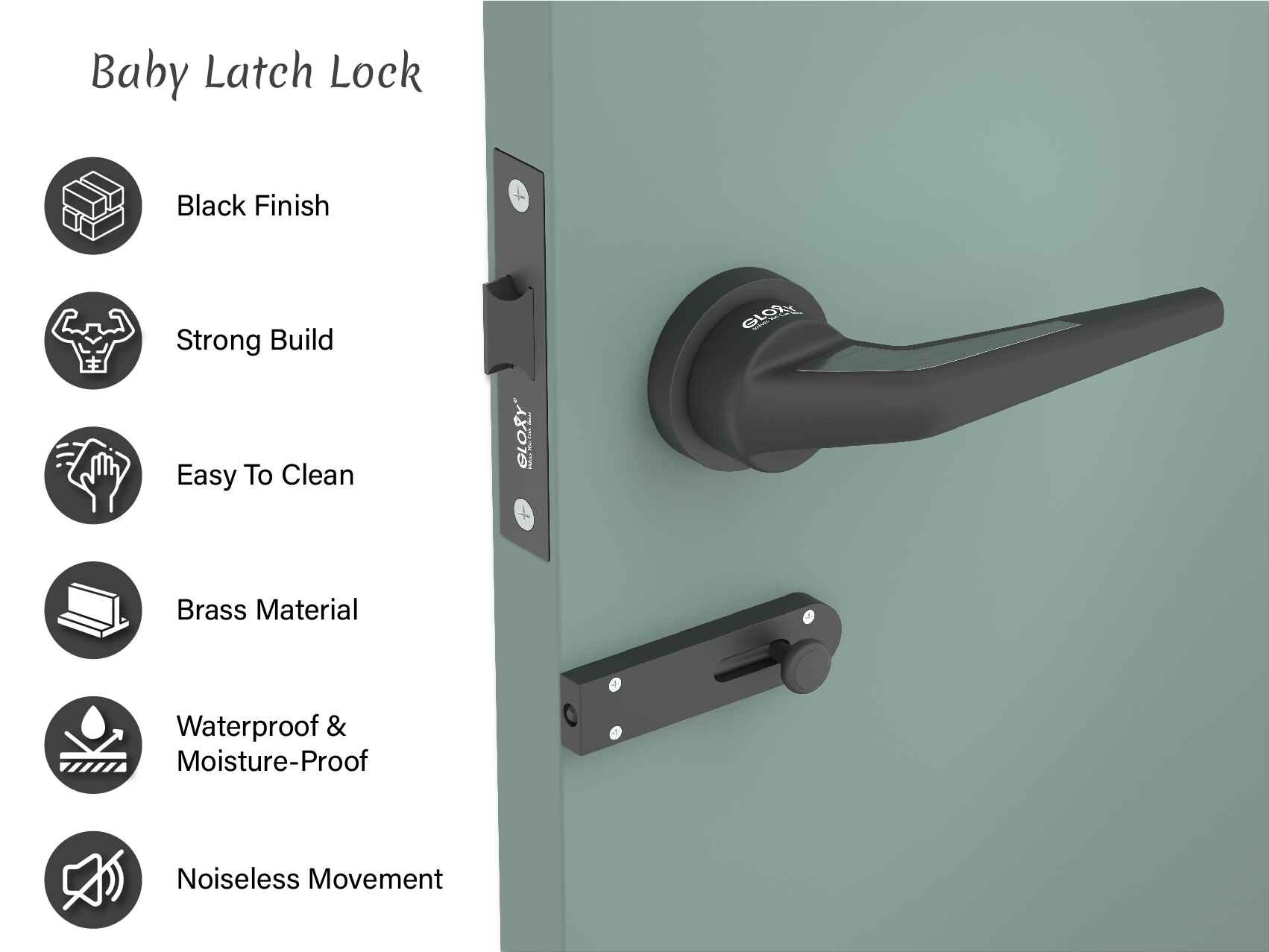 GLOXY Brass Door Lock for Balcony Store Room Door Lock, Mortise Keyless Handle Set with Brass Baby Latch for Home,Office,Hotel | Black Finish (2 Years Warranty, Pack of 1)