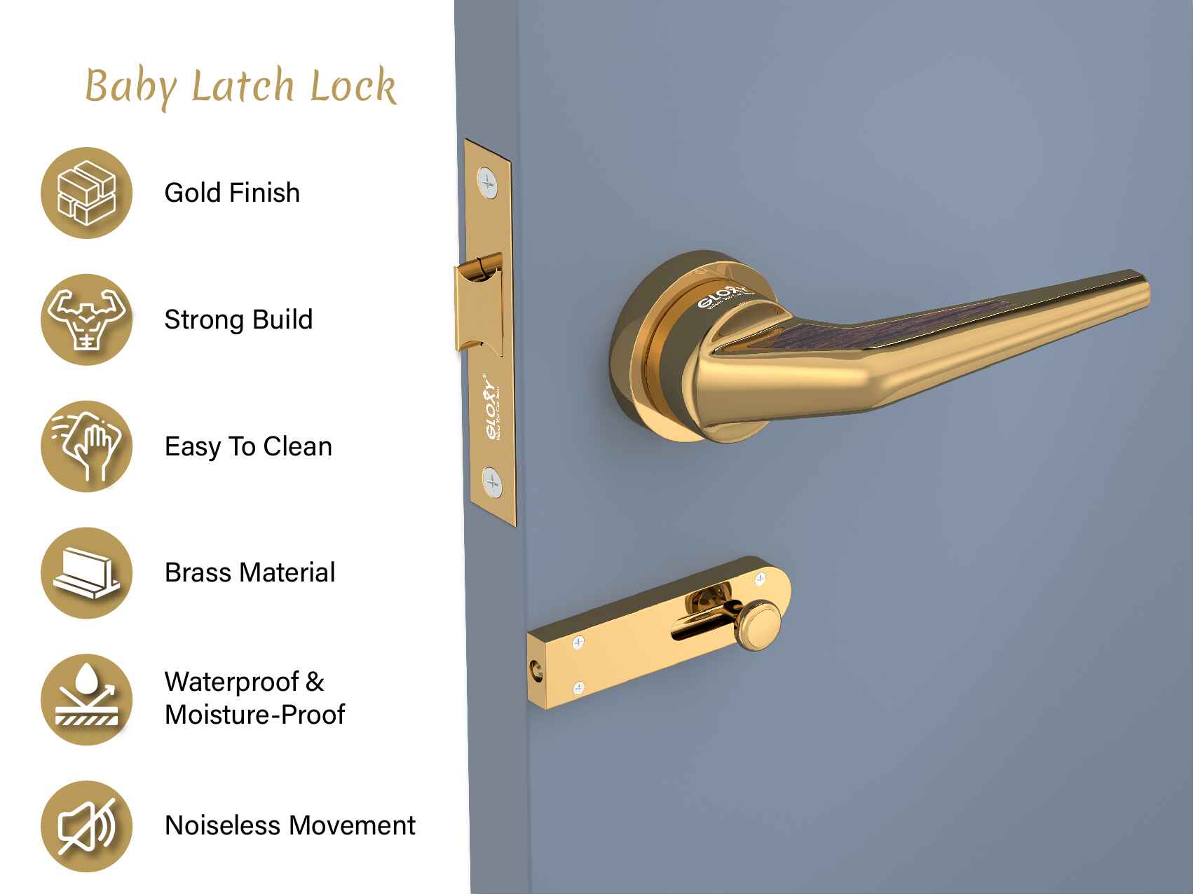 GLOXY Brass Door Lock for Balcony Store Room Door Lock, Mortise Keyless Handle Set with Brass Baby Latch for Home,Office,Hotel | Gold Finish (2 Years Warranty, Pack of 1)