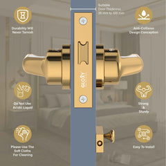 GLOXY Brass Door Lock for Balcony Store Room Door Lock, Mortise Keyless Handle Set with Brass Baby Latch for Home,Office,Hotel | Gold Finish (2 Years Warranty, Pack of 1)