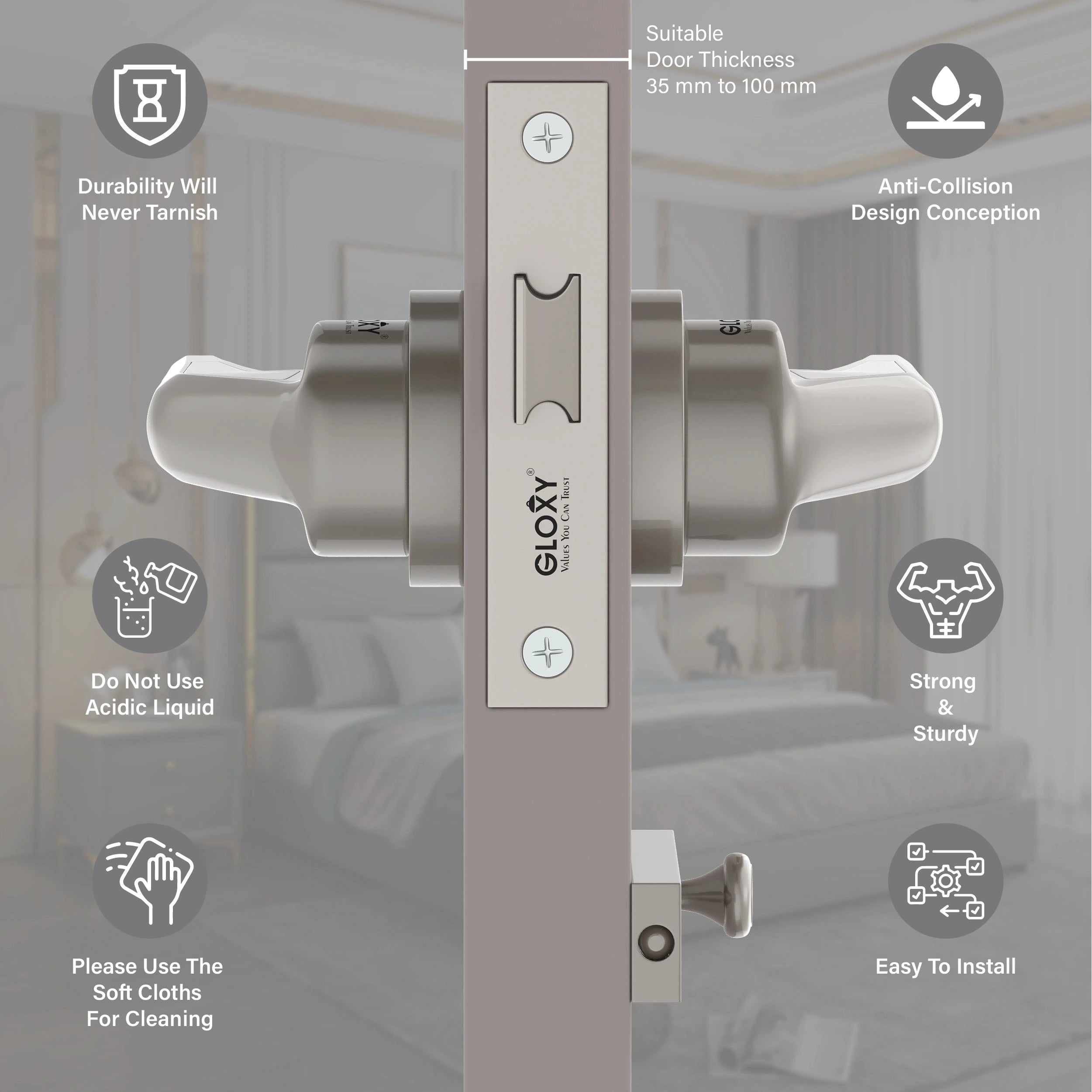 Gloxy Navior Series Satin Chrome Finish Mortise Bathroom Door Latch Lock With Handle