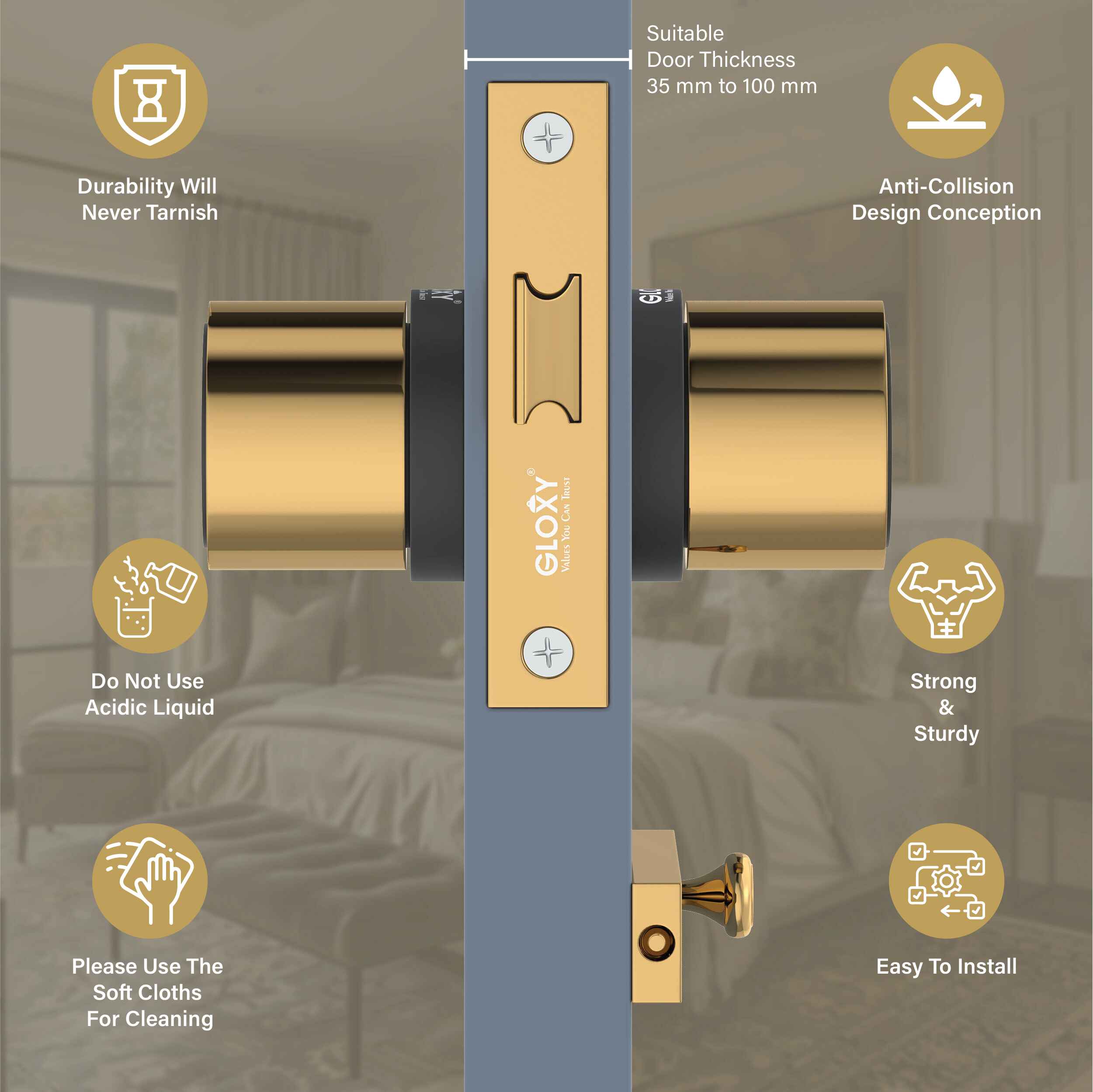 GLOXY Brass Door Lock for Balcony Store Room Door Lock, Mortise Keyless Handle Set with Brass Baby Latch for Home,Office,Hotel | Gold & Black Finish (2 Years Warranty, Pack of 1)