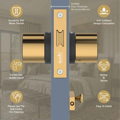 GLOXY Brass Door Lock for Balcony Store Room Door Lock, Mortise Keyless Handle Set with Brass Baby Latch for Home,Office,Hotel | Gold & Black Finish (2 Years Warranty, Pack of 1)