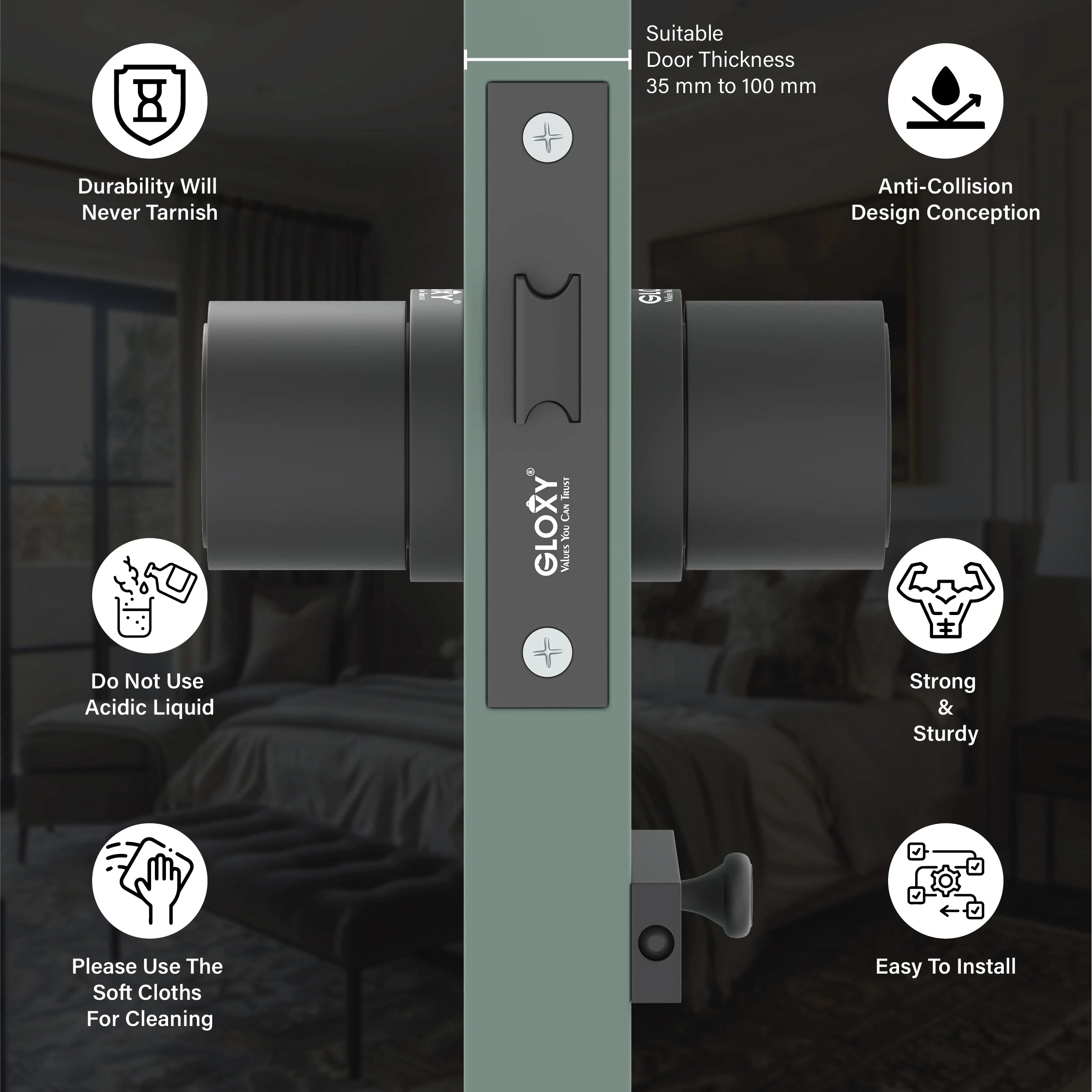 Gloxy Zayno Series Black Finish Mortise Bathroom Door Latch Lock With Round Handle
