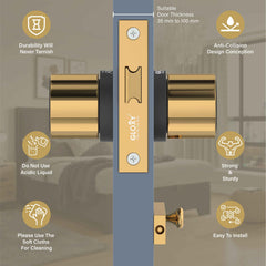 GLOXY Brass Door Lock for Balcony Store Room Door Lock, Mortise Keyless Handle Set with Brass Baby Latch for Home,Office,Hotel | Gold & Black Finish (2 Years Warranty, Pack of 1)