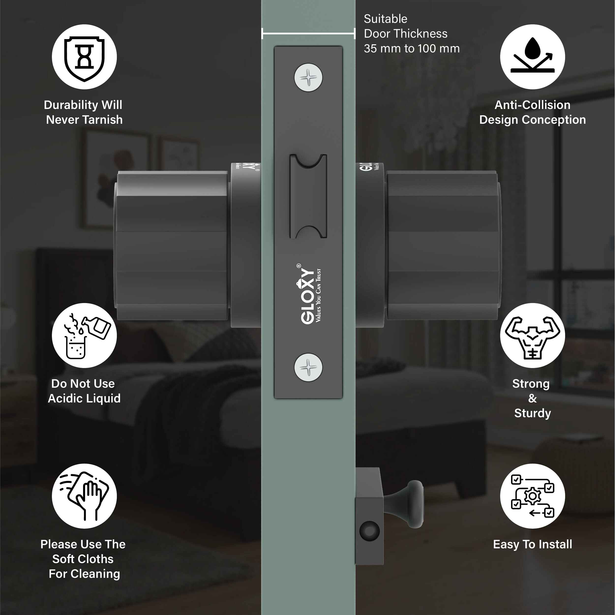 GLOXY Brass Door Lock for Balcony Store Room Door Lock, Mortise Keyless Handle Set with Brass Baby Latch for Home,Office,Hotel | Black Finish (2 Years Warranty, Pack of 1)