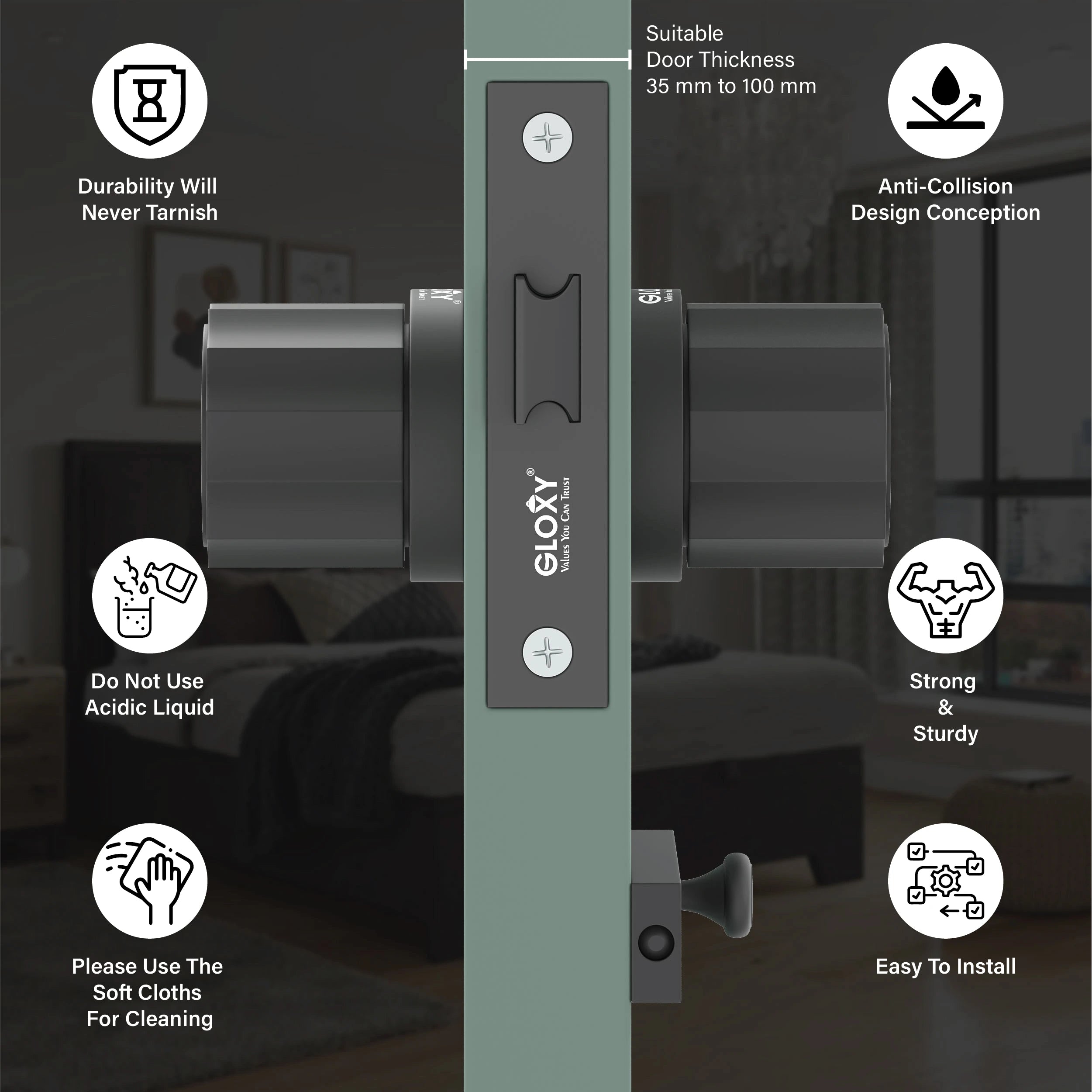 Gloxy Monik Series Black Finish Mortise Bathroom Door Latch Lock With Round Handle