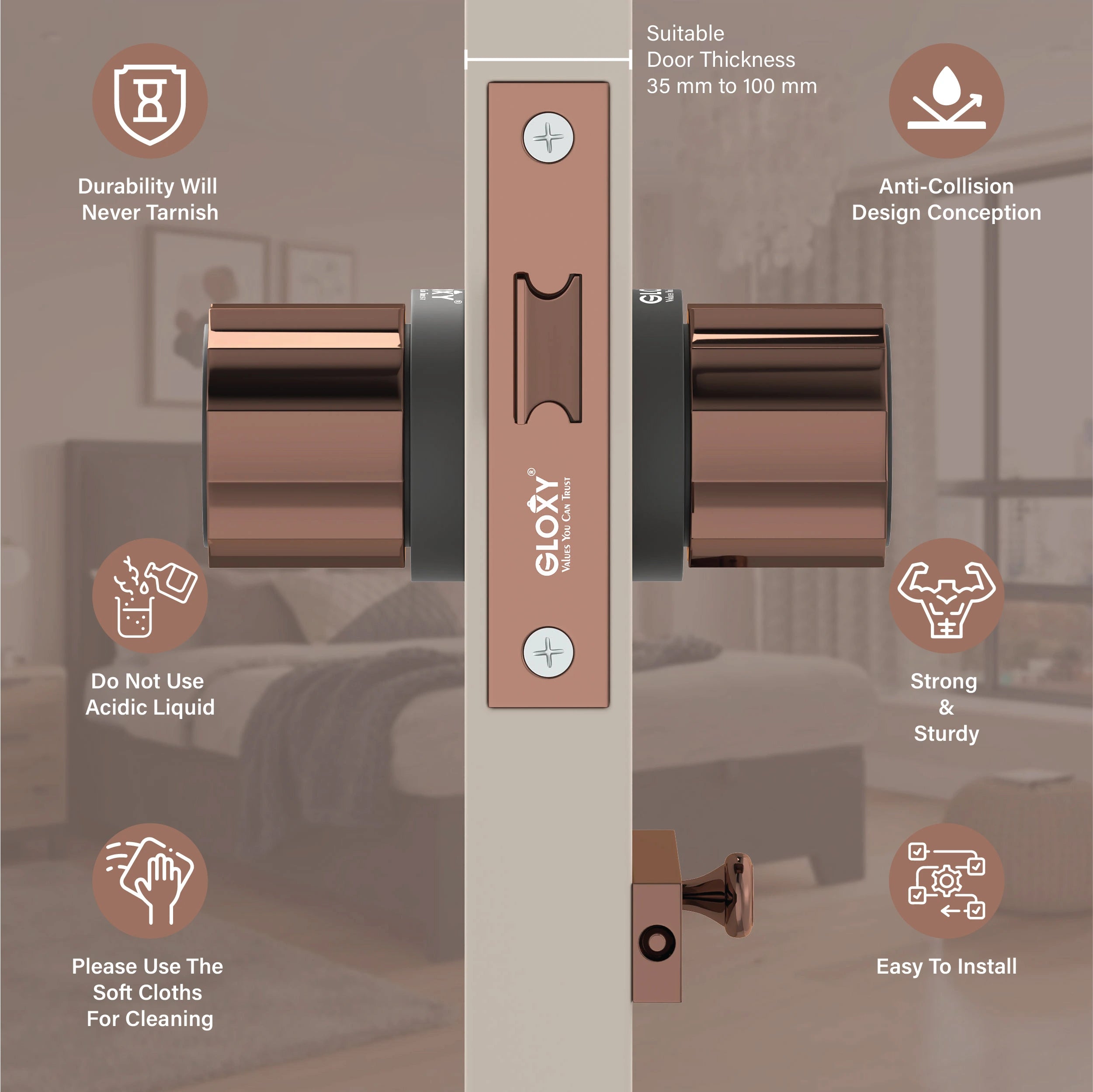 Gloxy Monik Series Rose Gold Finish Mortise Bathroom Door Latch Lock With Round Handle