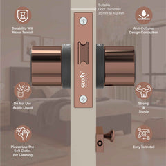 GLOXY Brass Door Lock for Balcony Store Room Door Lock, Mortise Keyless Handle Set with Brass Baby Latch for Home,Office,Hotel | Rose Gold & Black Finish (2 Years Warranty, Pack of 1)