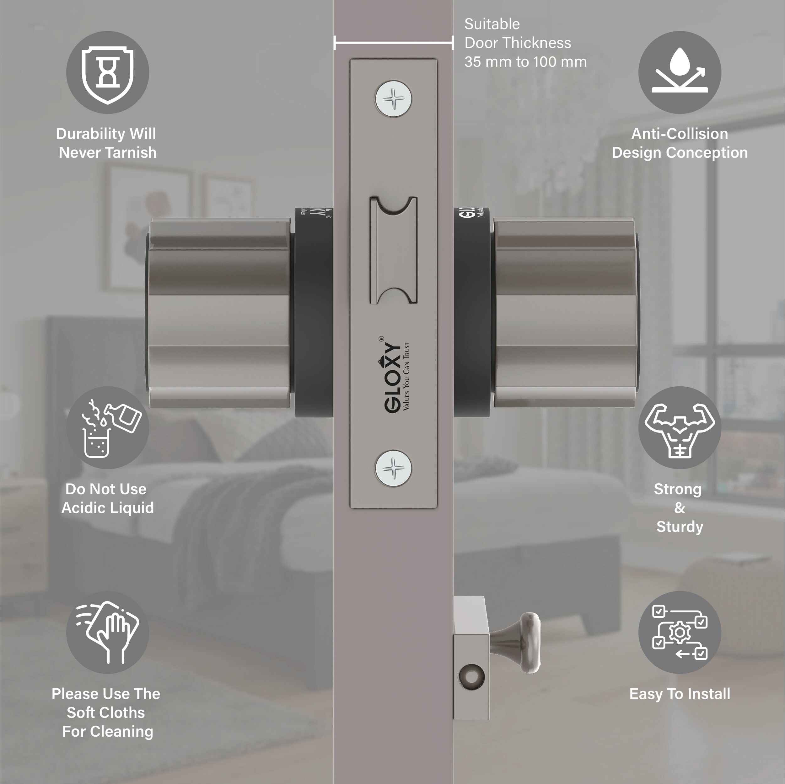 GLOXY Brass Door Lock for Balcony Store Room Door Lock, Mortise Keyless Handle Set with Brass Baby Latch for Home,Office,Hotel | Satin & Black Finish (2 Years Warranty, Pack of 1)