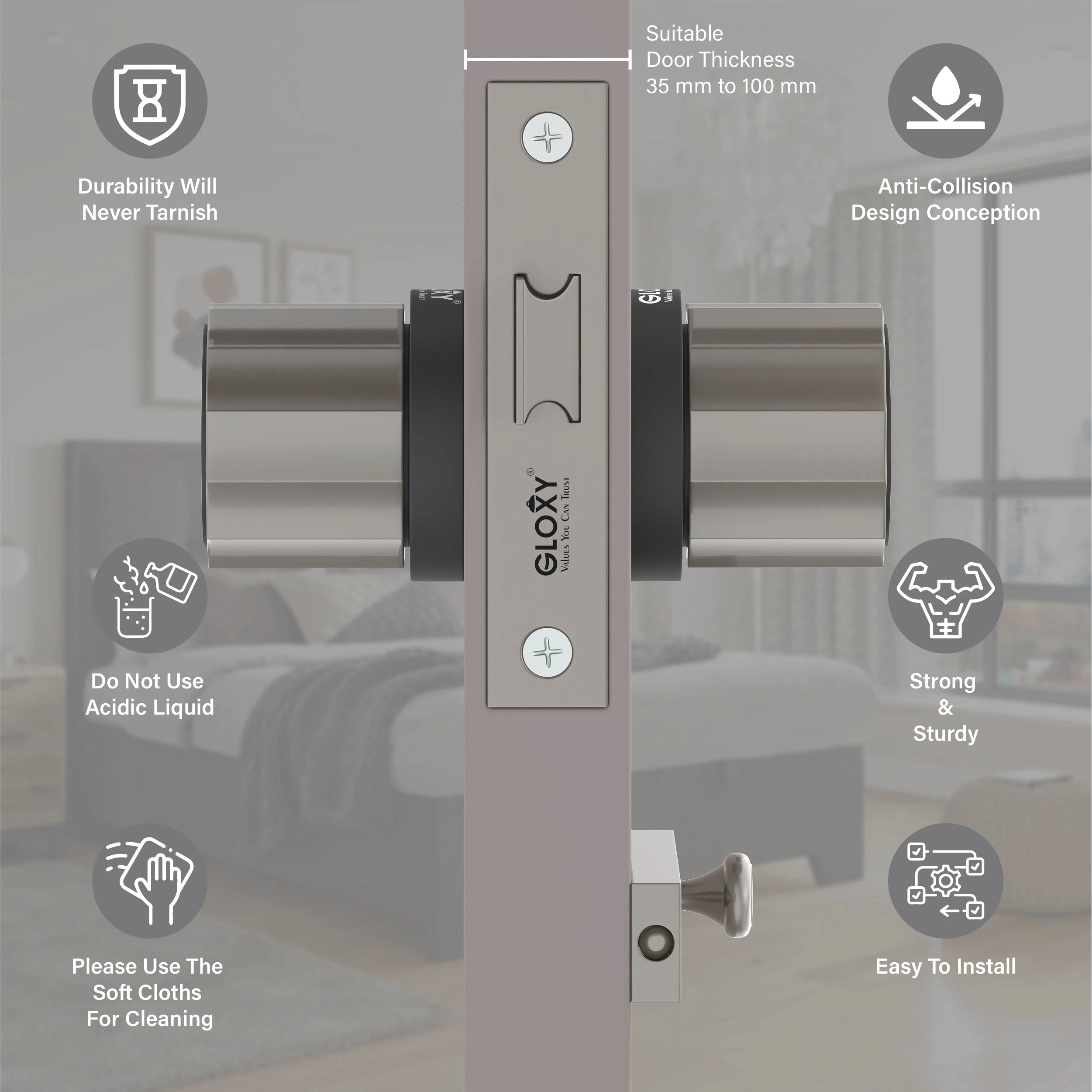 Gloxy Monik Series Satin Chrome Finish Mortise Bathroom Door Latch Lock With Round Handle