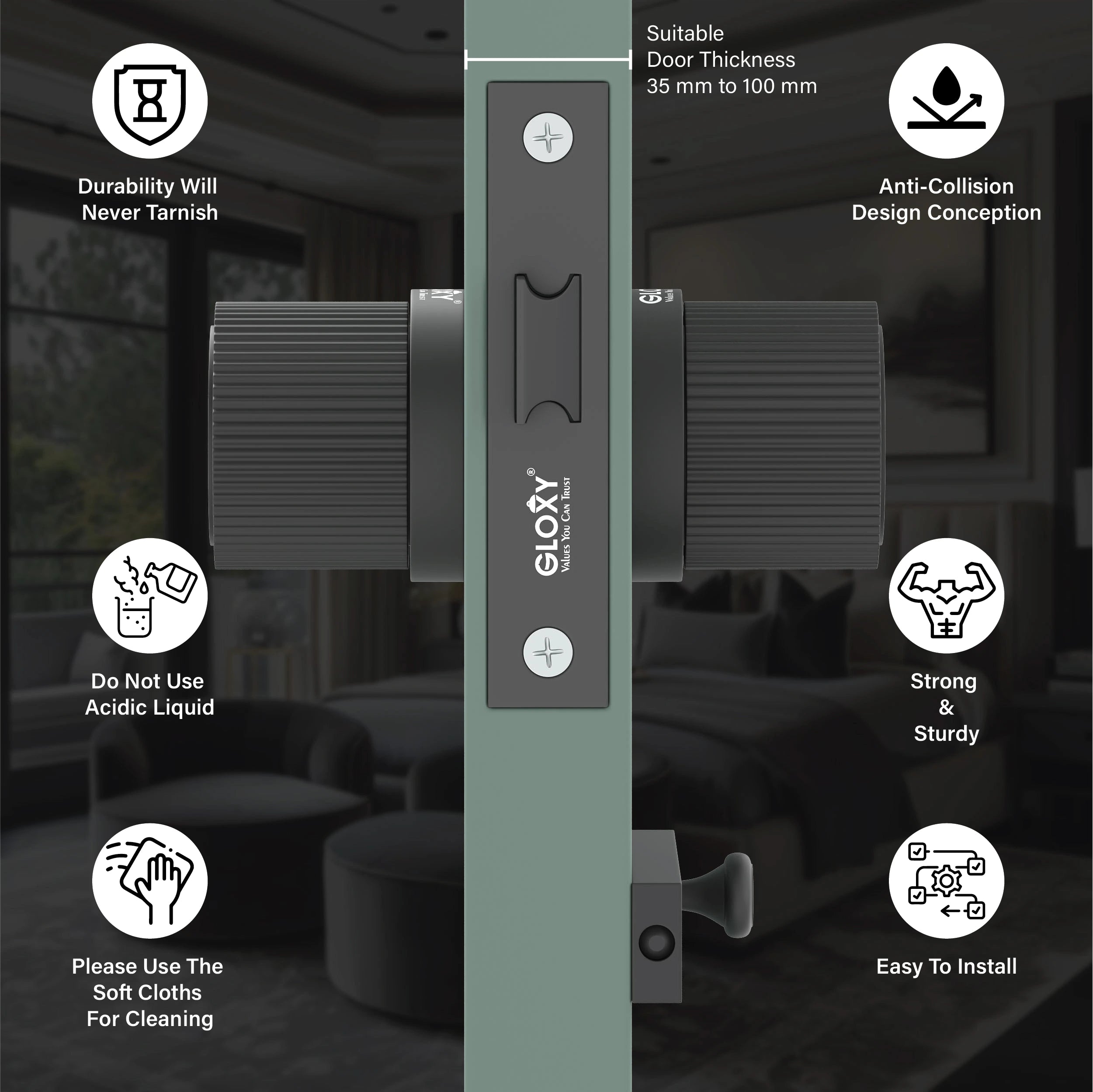 Gloxy Stylor Series Black Finish Mortise Bathroom Door Latch Lock With Round Handle