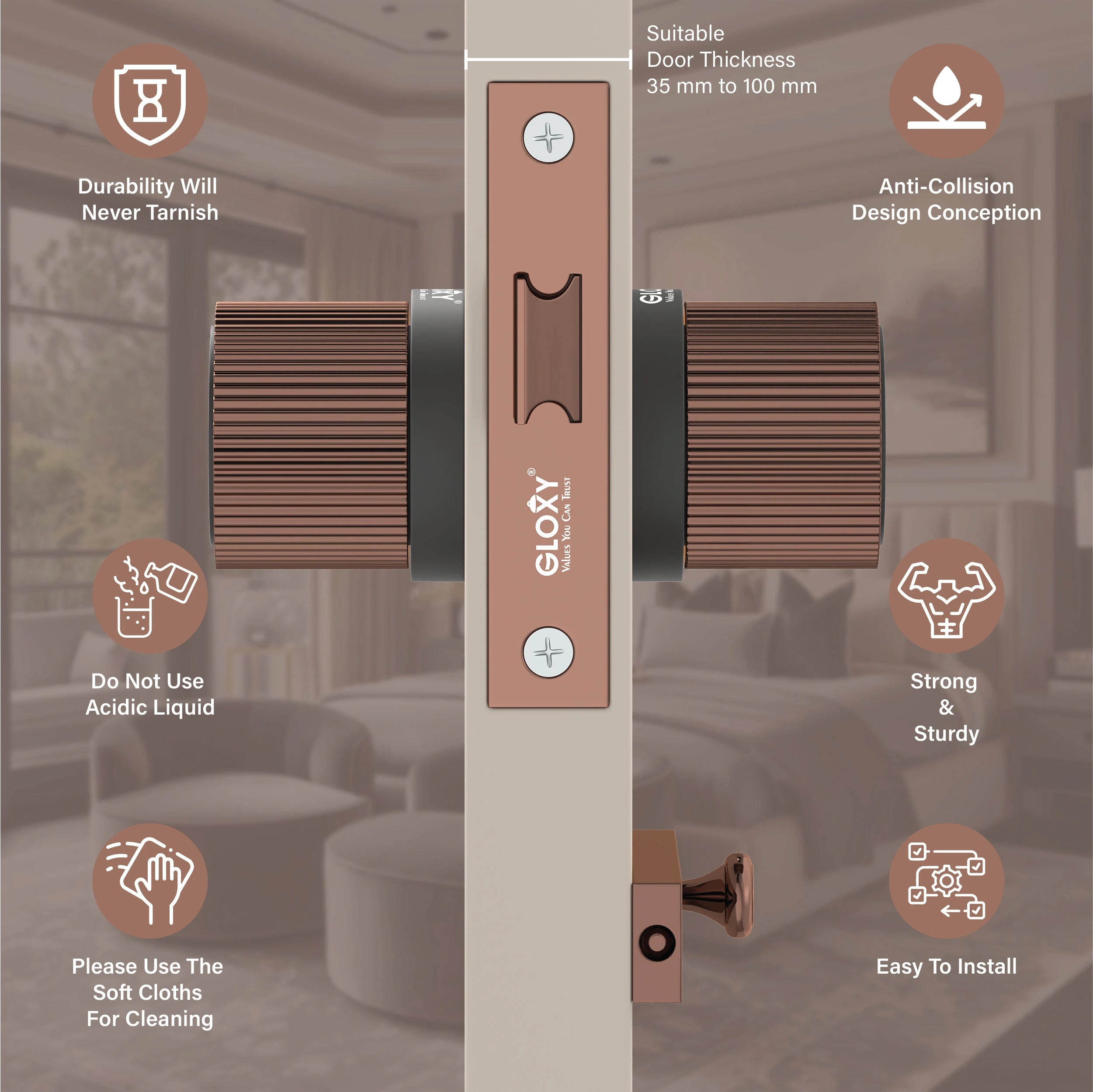 Gloxy Stylor Series Rose Gold Finish Mortise Bathroom Door Latch Lock With Round Handle