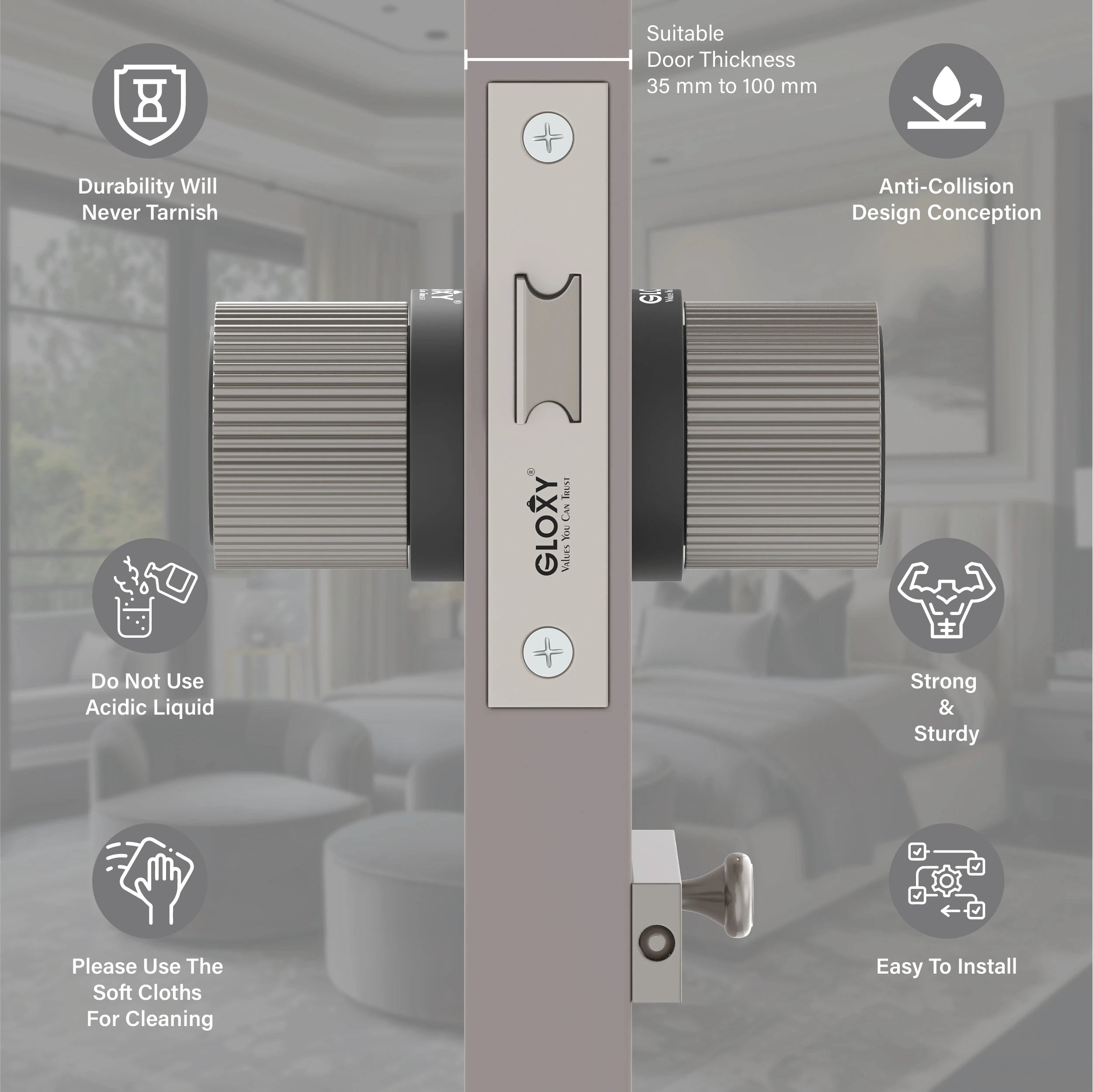 Gloxy Stylor Series Satin Chrome Finish Mortise Bathroom Door Latch Lock With Round Handle