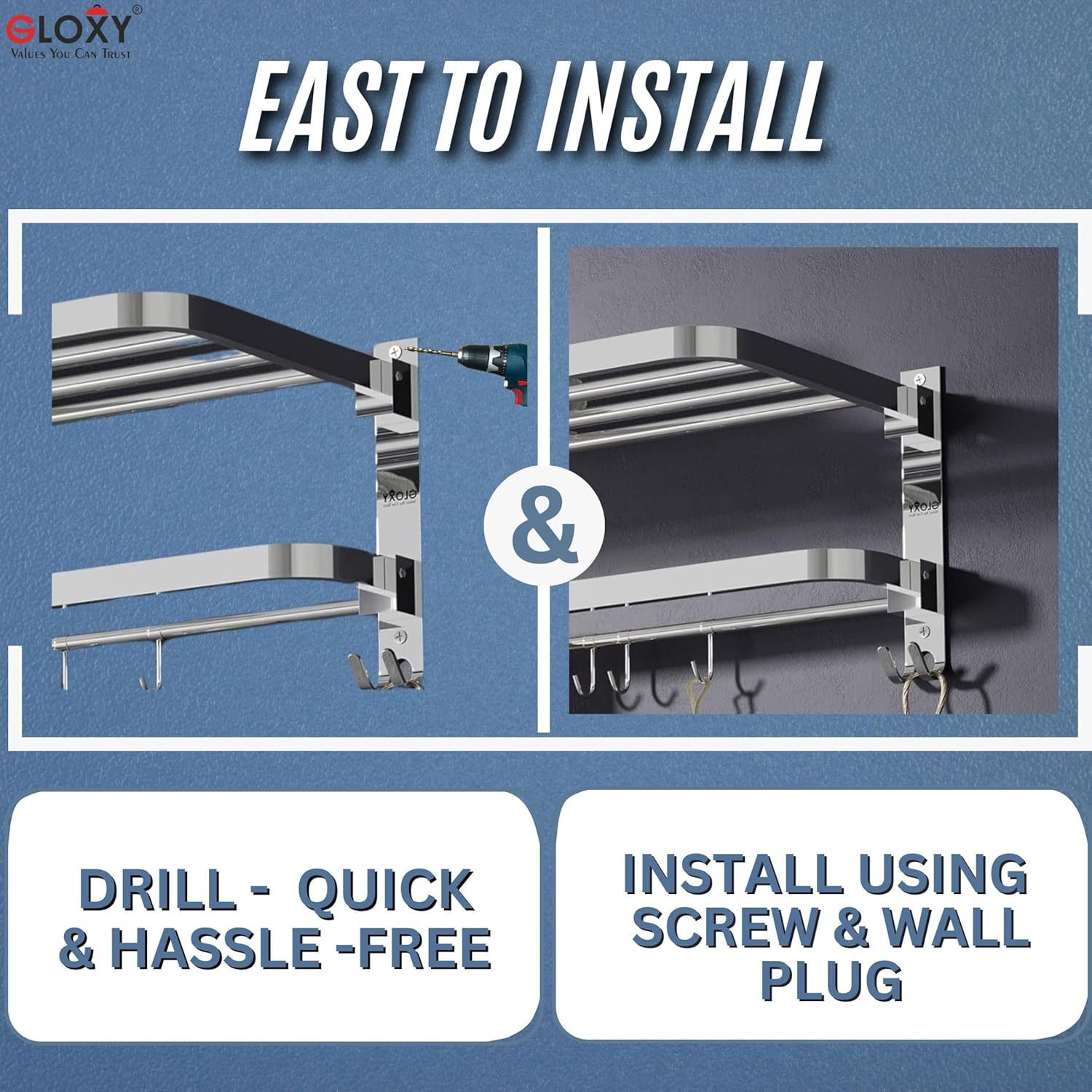 Gloxy Round Shape Stainless Steel Chrome Finsih Folding 2-Bar Bathroom Cloth Rack -24 Inch