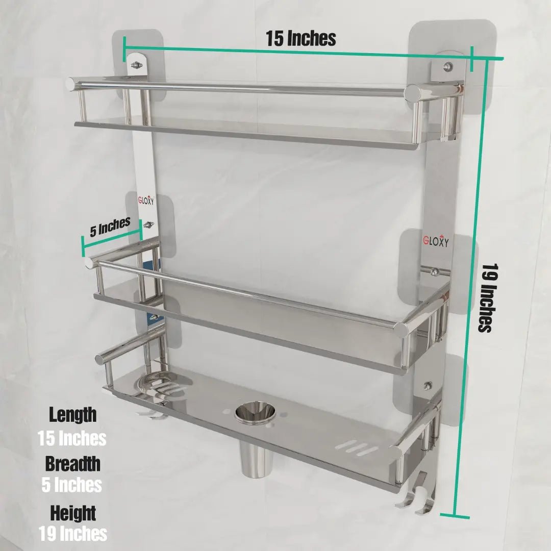 Rectangular Shape Stainless Steel Magic Sticker Shelf Adhesive Anti Rust 3 Layer Multipurpose Bathroom Shelf (15 x 5 x 19 inch, Silver)-by GLOXY®