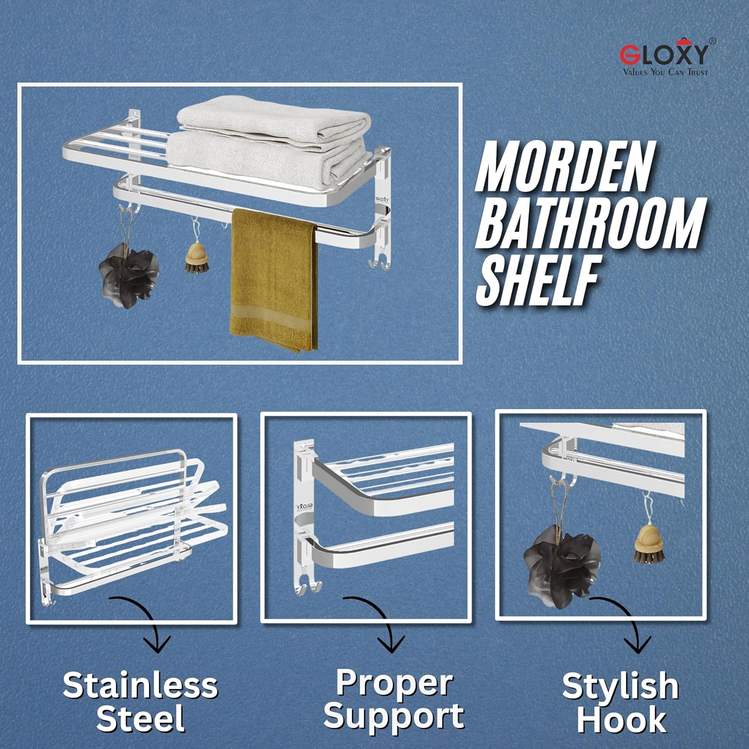 Gloxy Round Shape Stainless Steel Chrome Finsih Folding 2-Bar Bathroom Cloth Rack -24 Inch