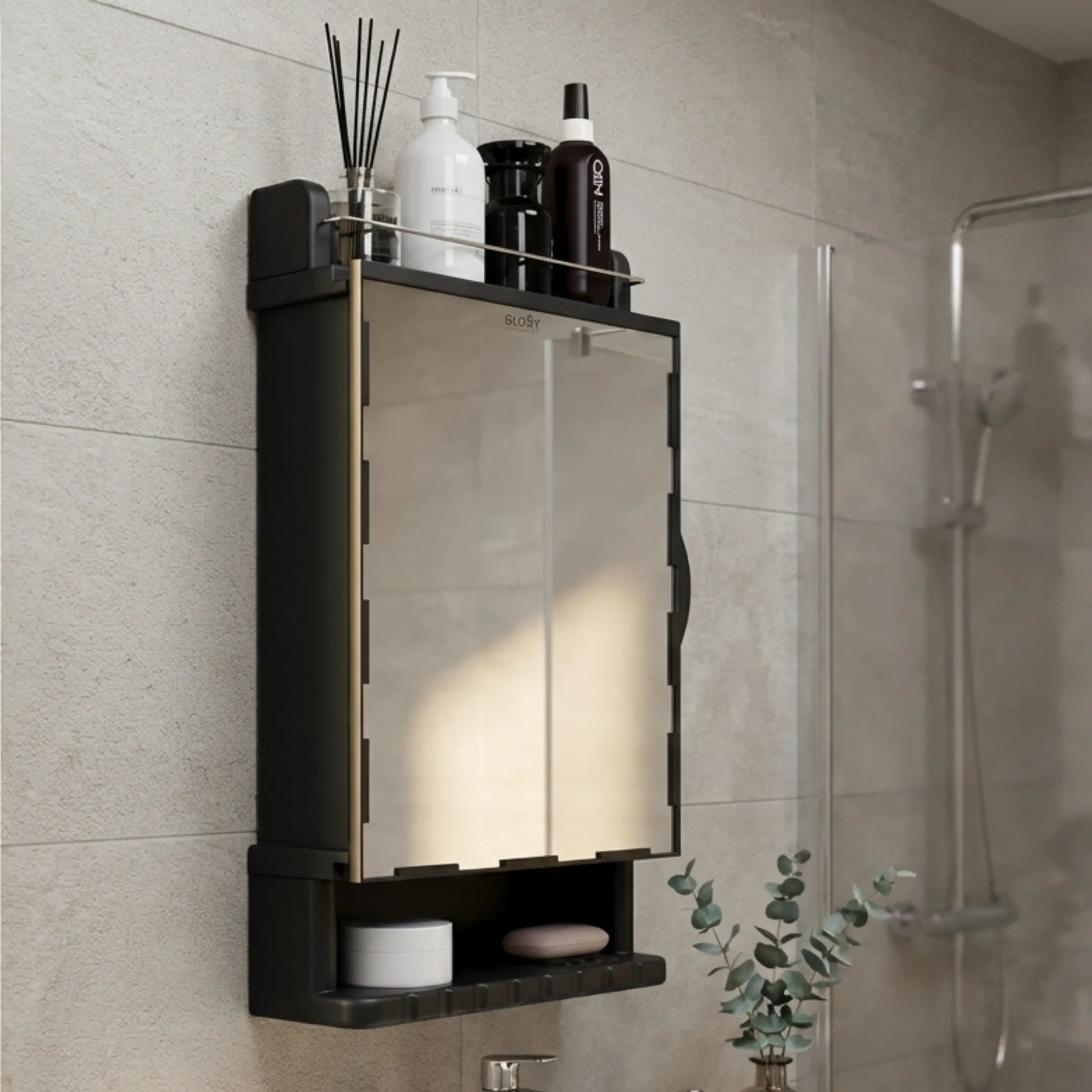 Gloxy Unbreakable Wall-Mounted Plastic Bathroom Cabinet with Mirror– Black