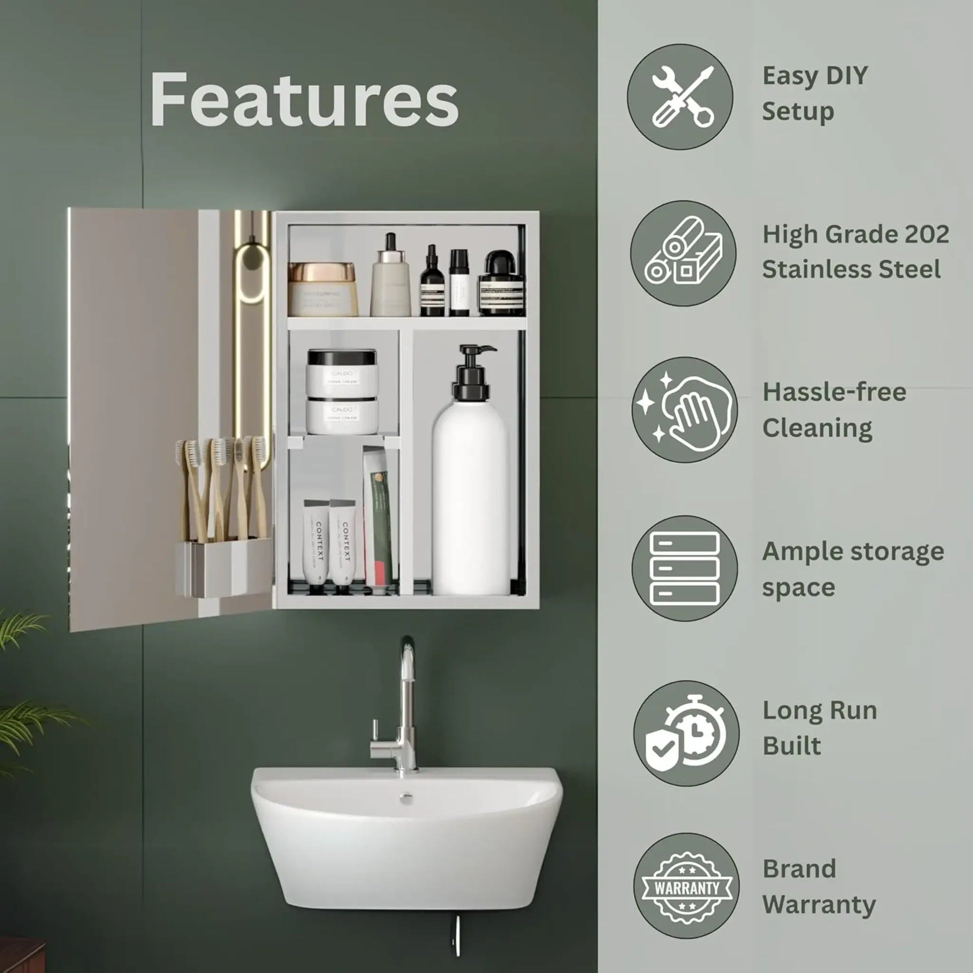 Gloxy Stainless Steel Chrome Finish Wall-Mounted Bathroom Cabinet with Mirror