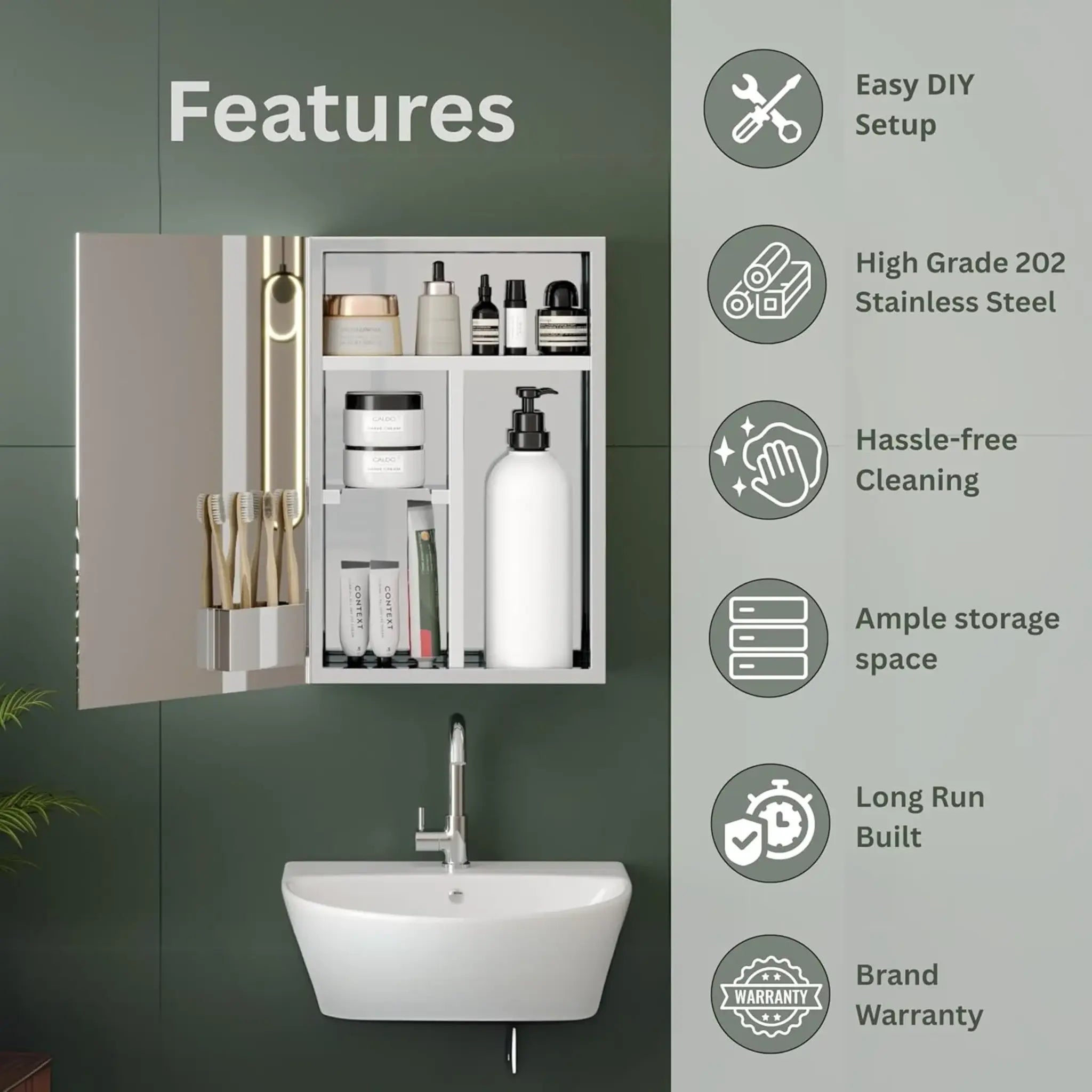 Gloxy Stainless Steel Chrome Finish Wall-Mounted Bathroom Cabinet with Mirror