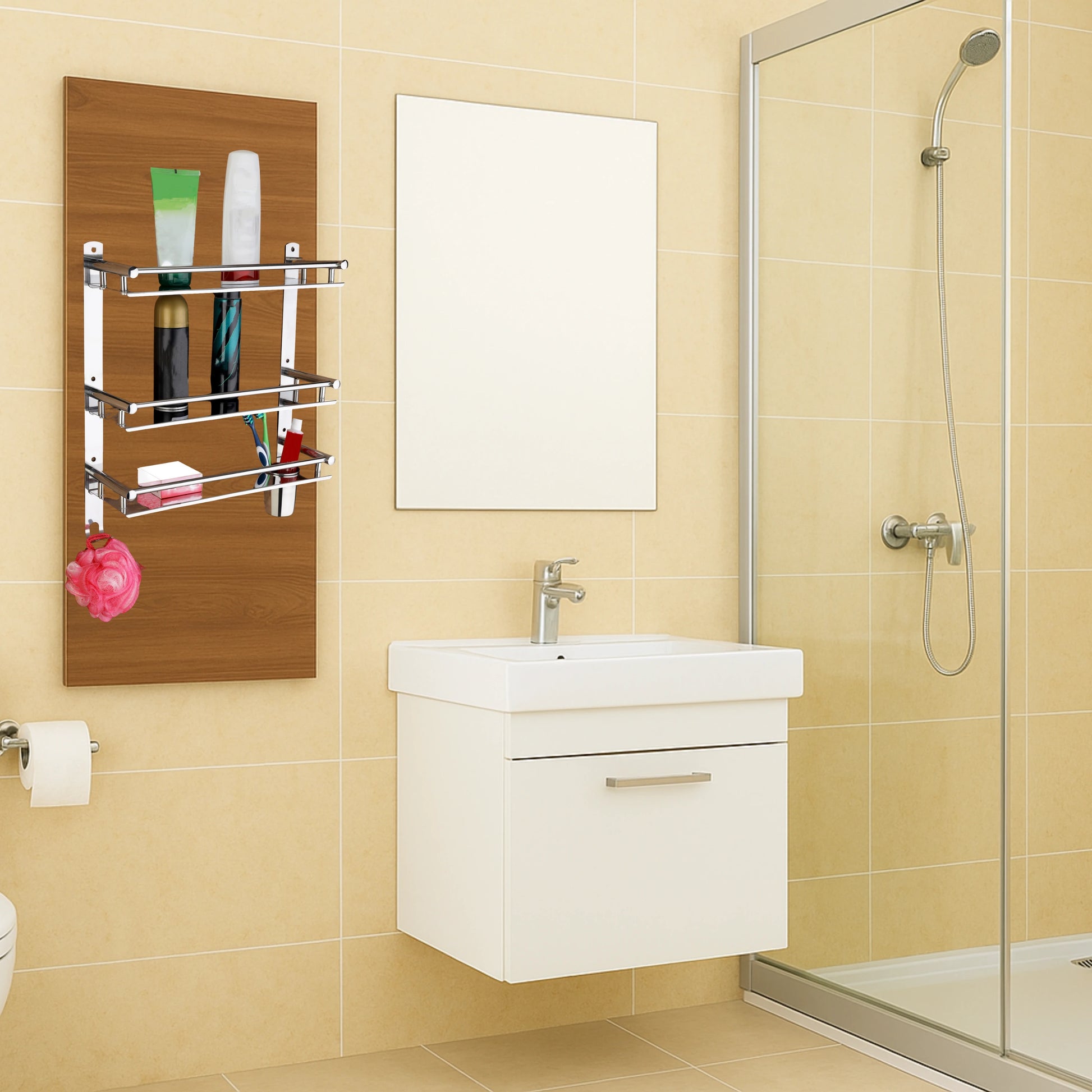 Gloxy Stainless Steel 3-Layer Chrome Finish Bathroom Shelf with Soap Dish,Toothbrush Holder & Hooks