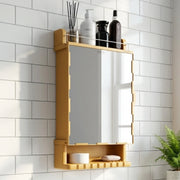 Bathroom mirror with wooden frame and shelves against a tiled wall.