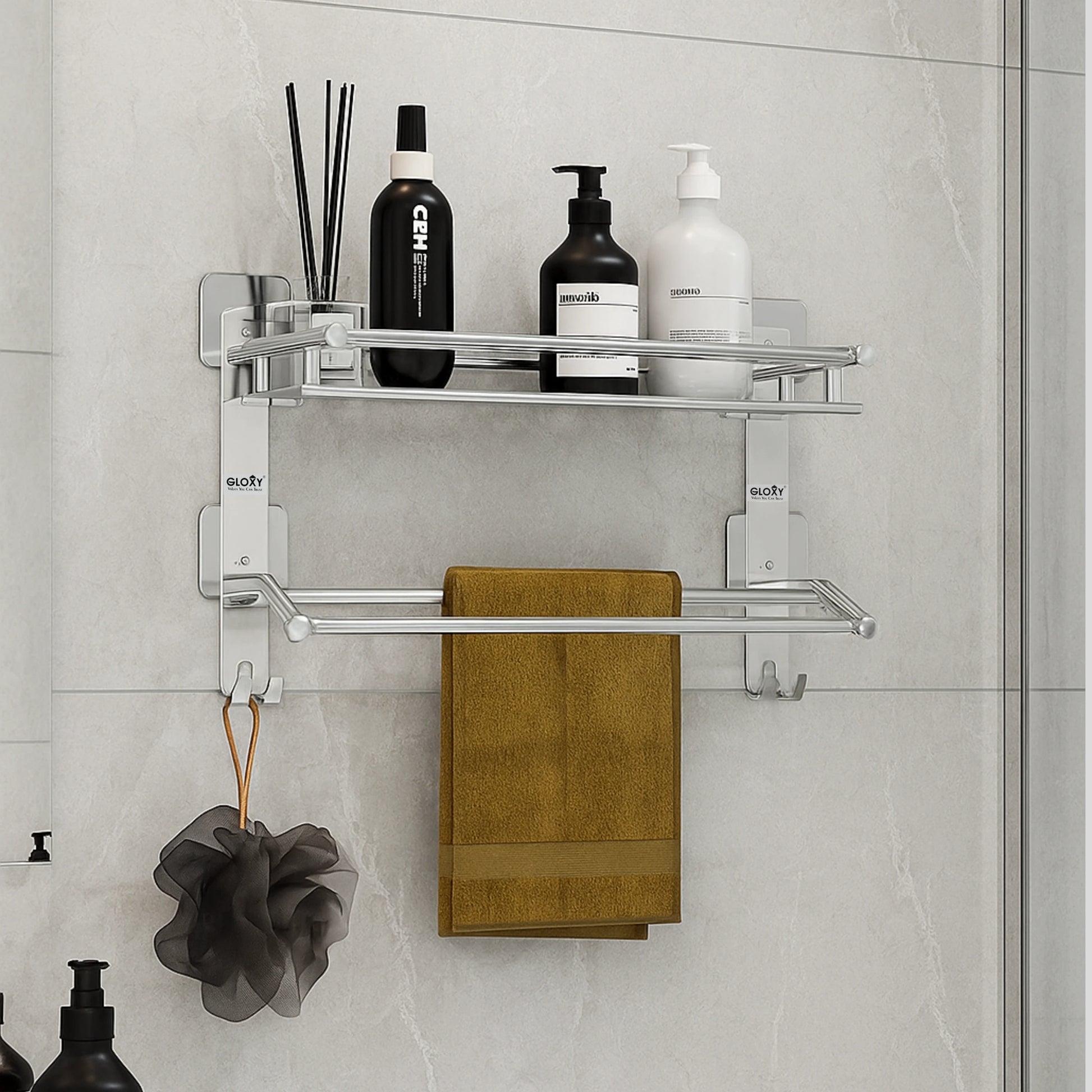 Gloxy Stainless Steel 2-Layer Chrome Finish Bathroom Shelf with Towel Rod & Hooks-Adhesive Sticker Installation