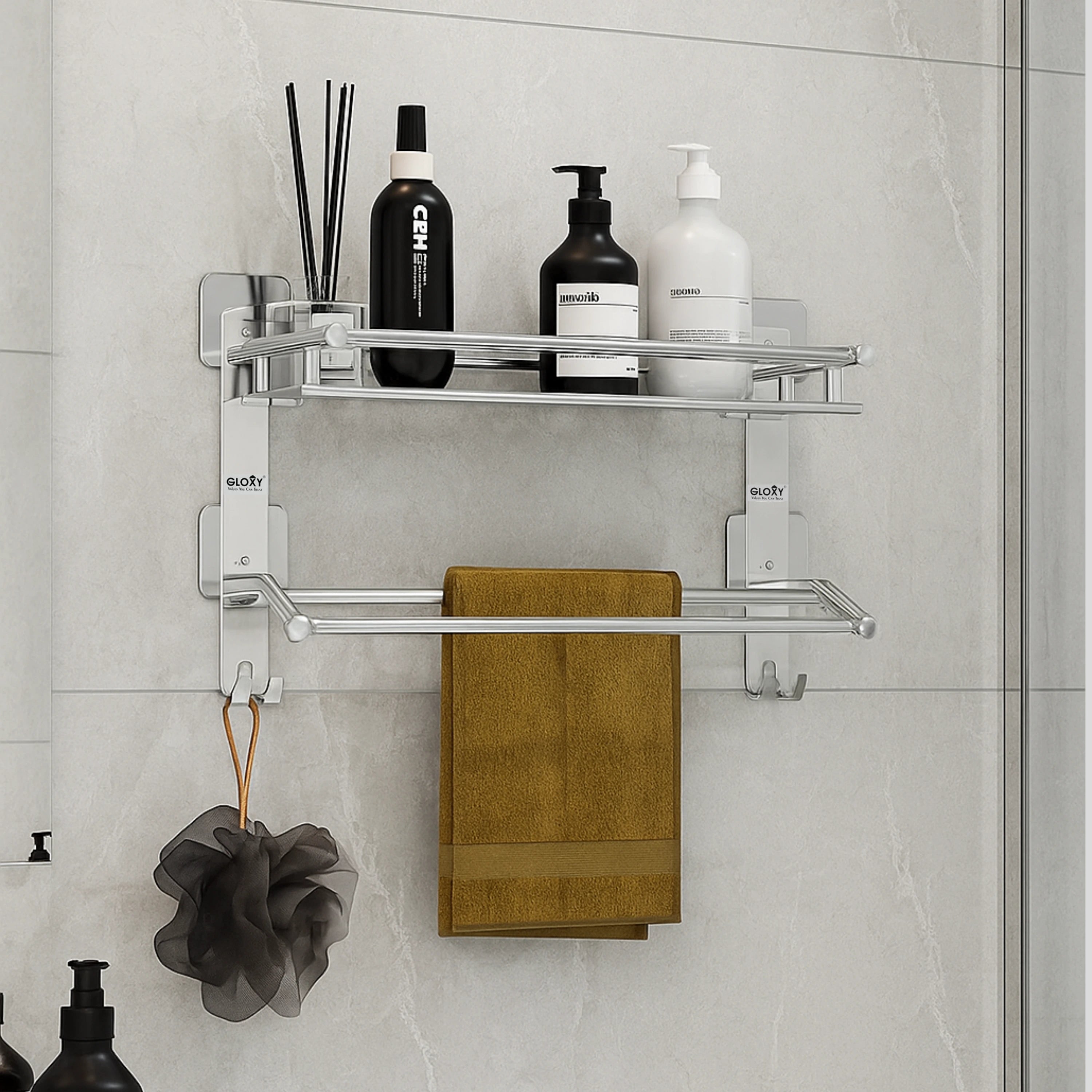 Gloxy Stainless Steel 2-Layer Chrome Finish Bathroom Shelf with Towel Rod & Hooks-Adhesive Sticker Installation