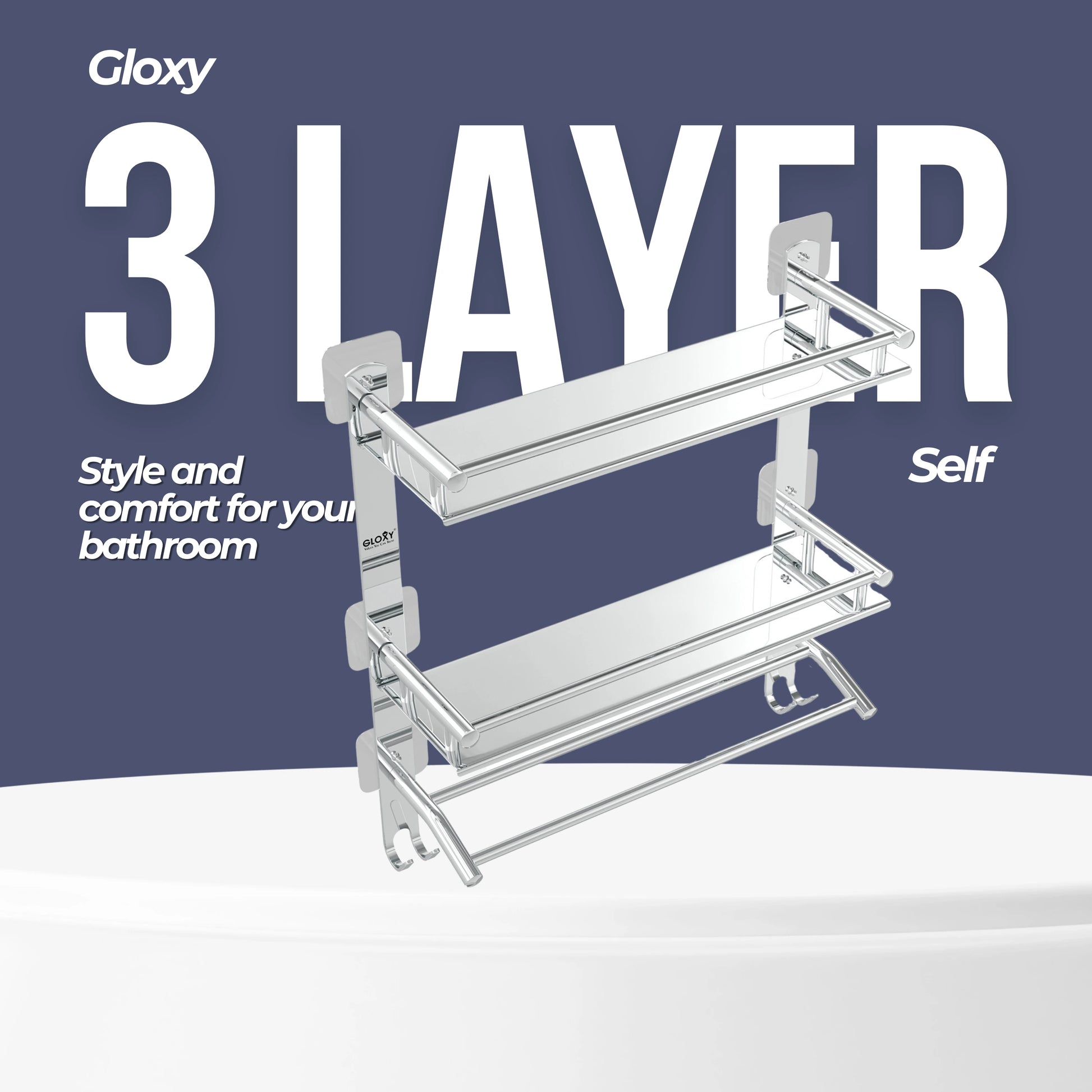 Gloxy Stainless Steel 3-Layer Chrome Finish Bathroom Shelf with Towel Holder-Adhesive Sticker Installation
