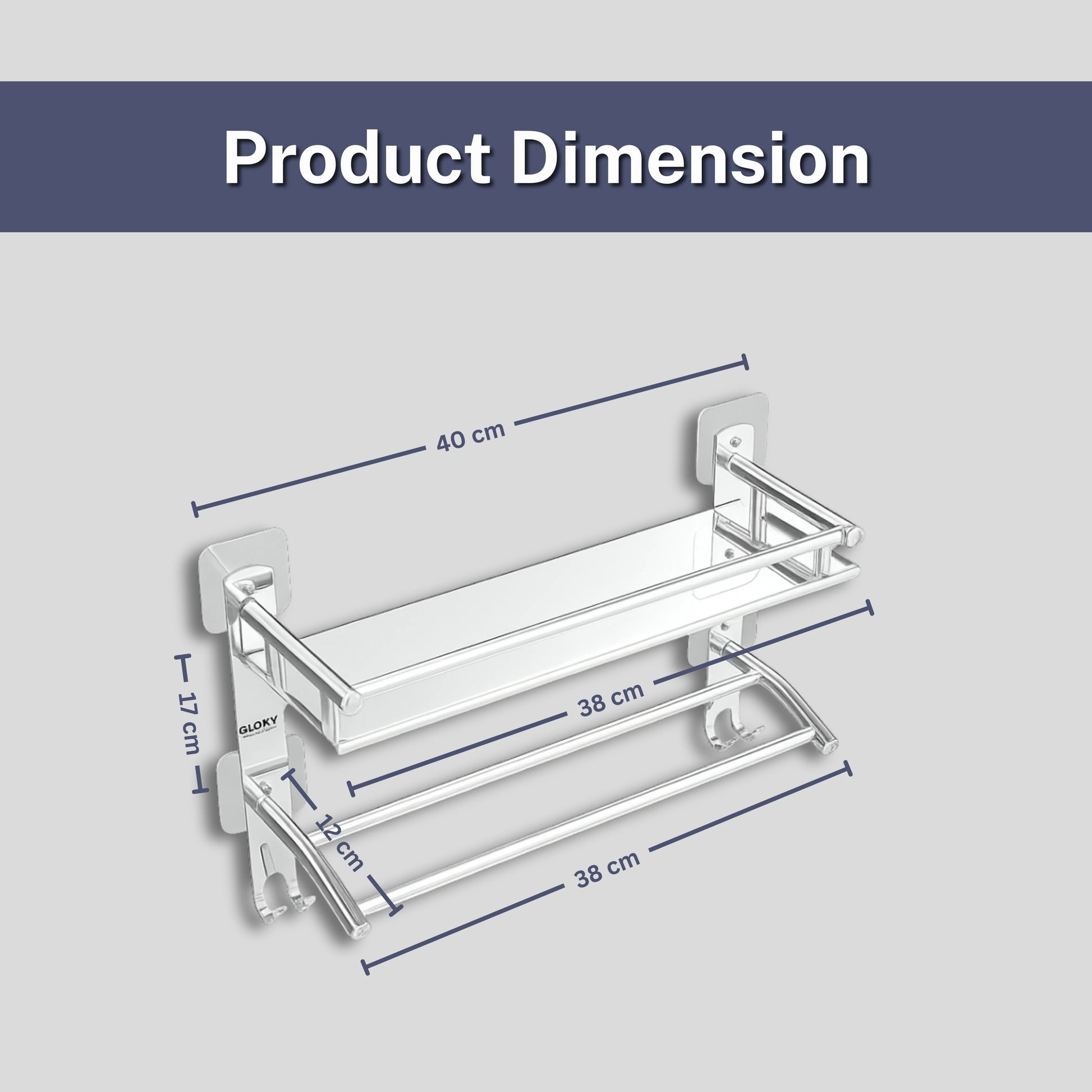 Gloxy Stainless Steel 2-Layer Chrome Finish Bathroom Shelf with Towel Rod & Hooks-Adhesive Sticker Installation