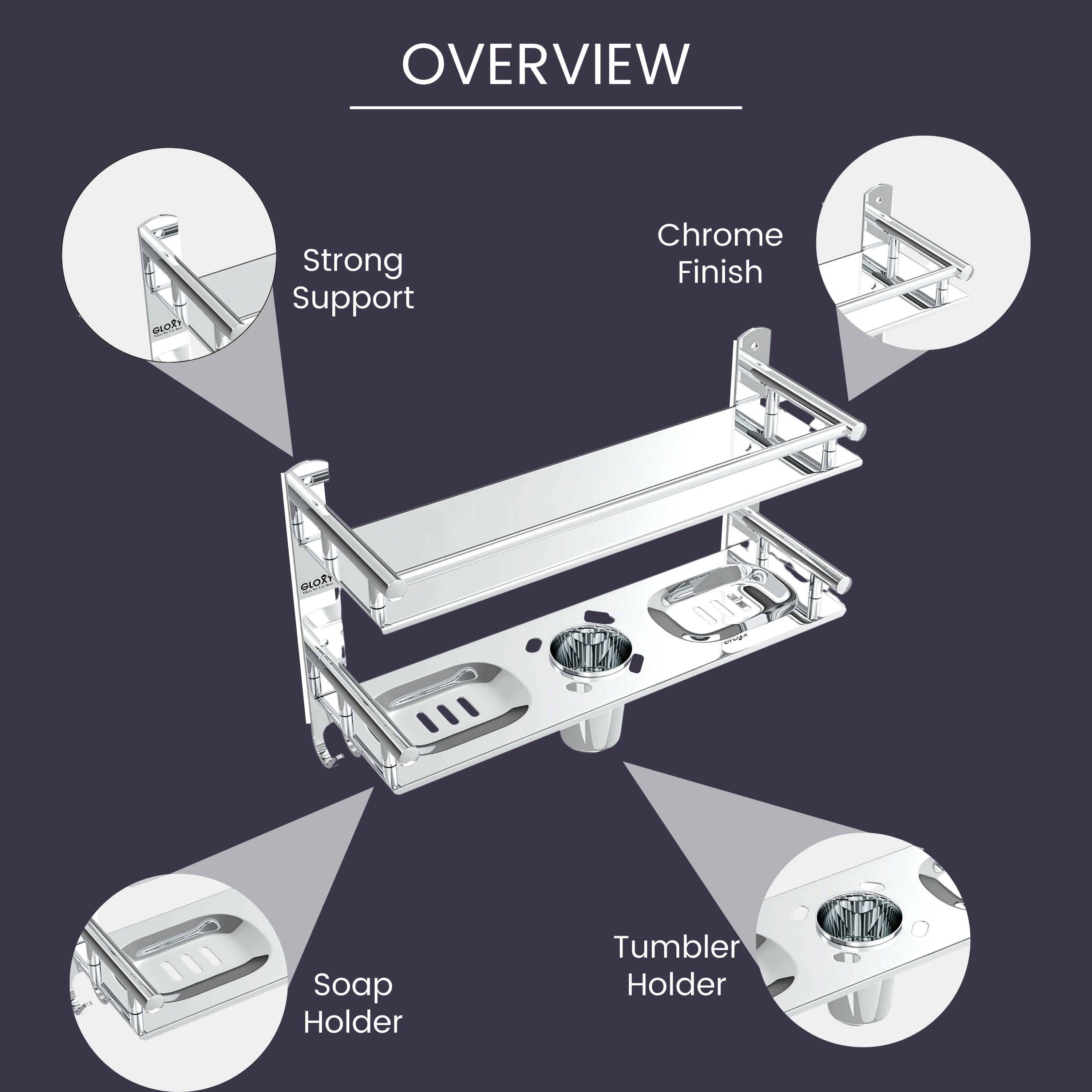 Gloxy Stainless Steel 2-Layer Chrome Finish Bathroom Shelf with Soap Dish,Tumbler Holder,Hooks