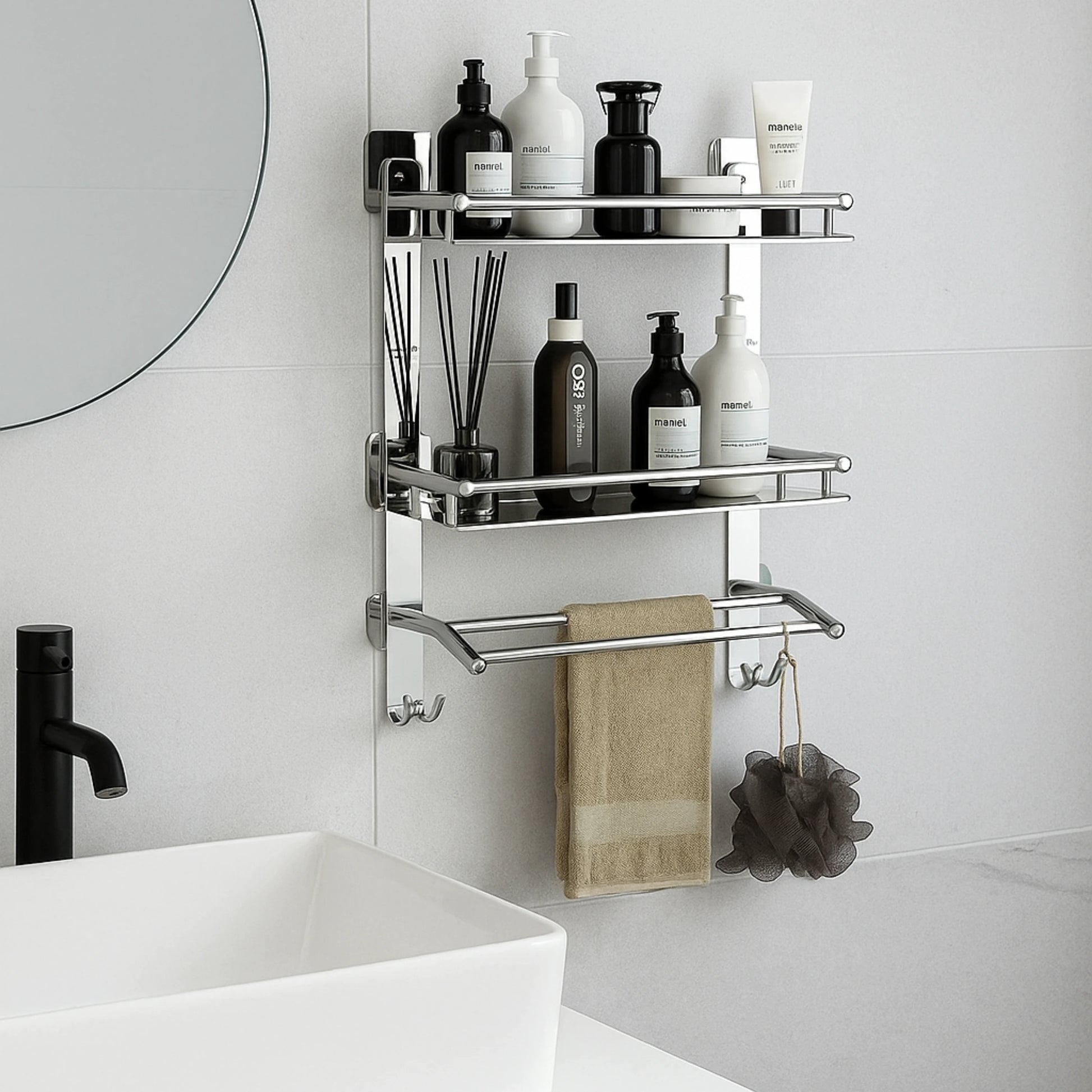 Gloxy Stainless Steel 3-Layer Chrome Finish Bathroom Shelf with Towel Holder-Adhesive Sticker Installation