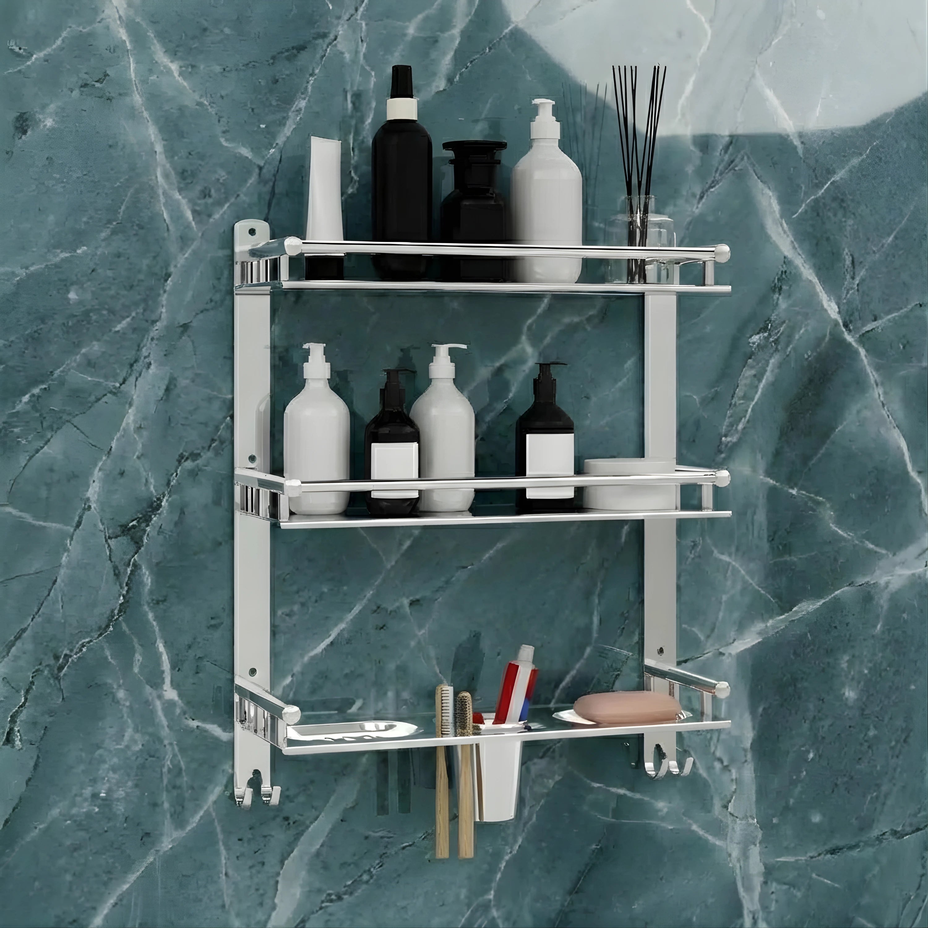 Gloxy Stainless Steel 3-Layer Chrome Finish Bathroom Shelf with Double Soap Dish,Toothbrush Holder & Hooks